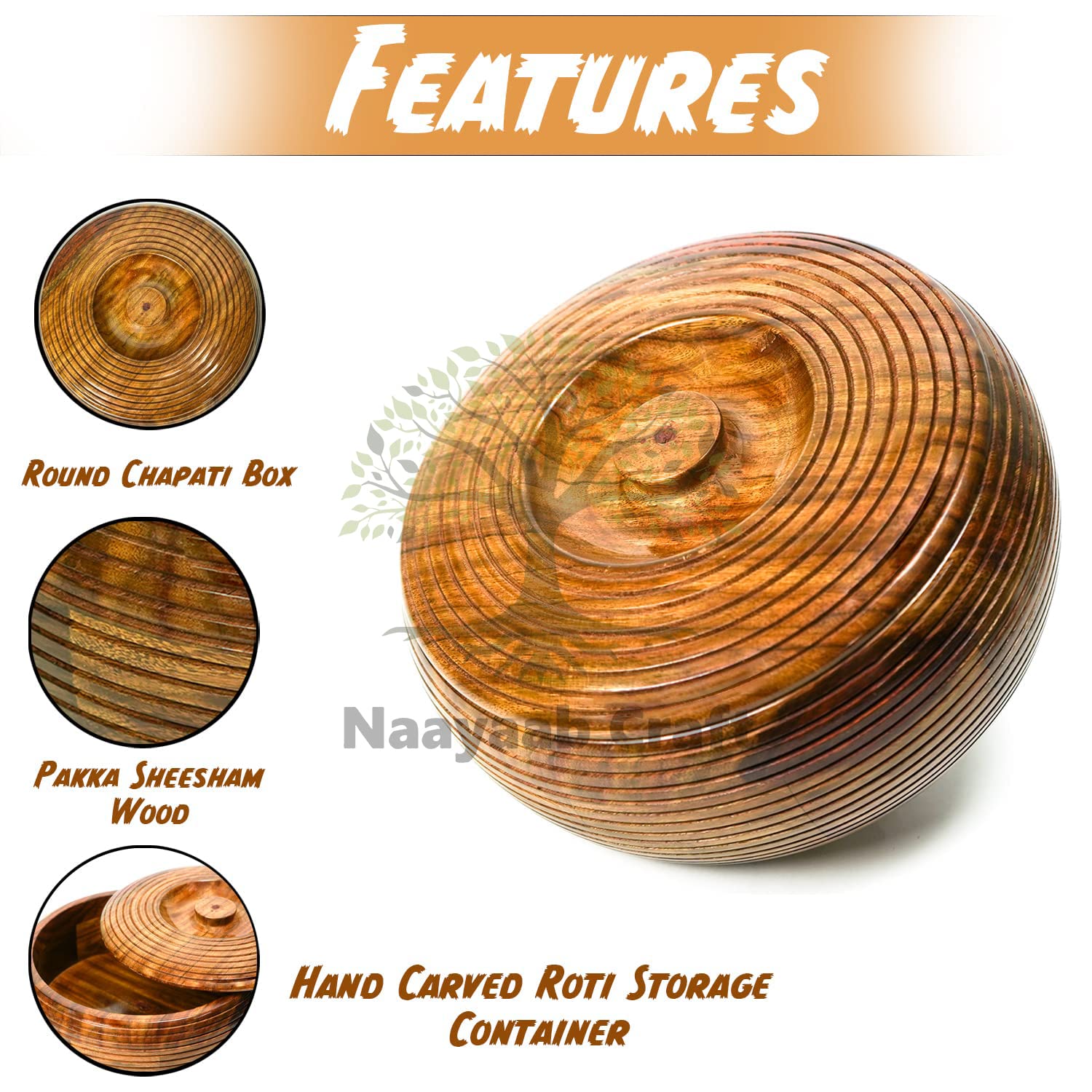 Naayaab Craft Pakka Sheesham Wood Round Chapati Box | Hand Carved Roti Storage Container | Hot Pot, Casserole, Roti Dabba with Lid for Kitchen (D3-9inch) 1