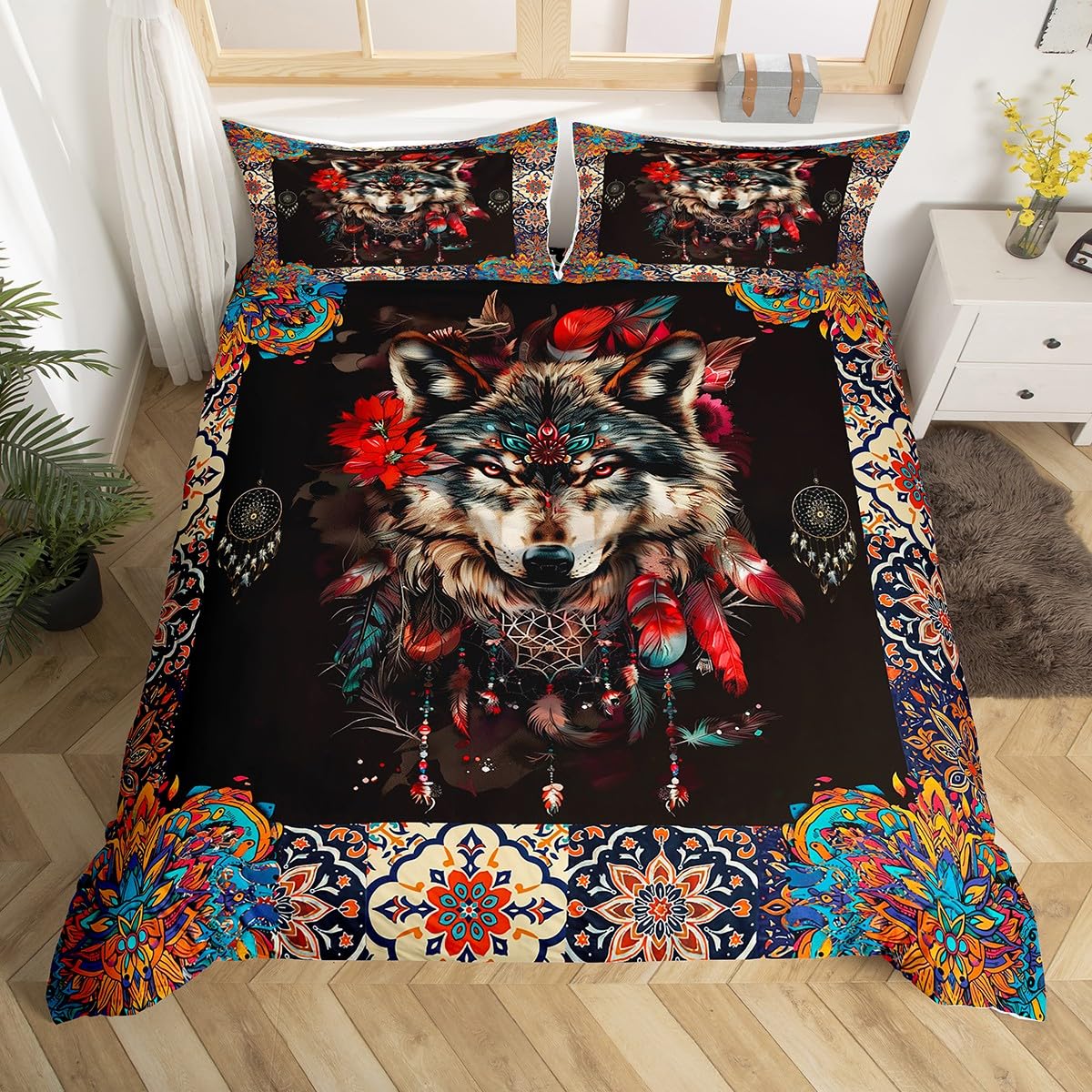 feelingyou Wolf Bedding Set,Mandala Pattern Comforter Cover Set for Teens Women Room Decor,Boho Dreamcatcher Duvet Cover Breathable Retro Tribal Style Bedspread Cover Double Size(No Comforter)