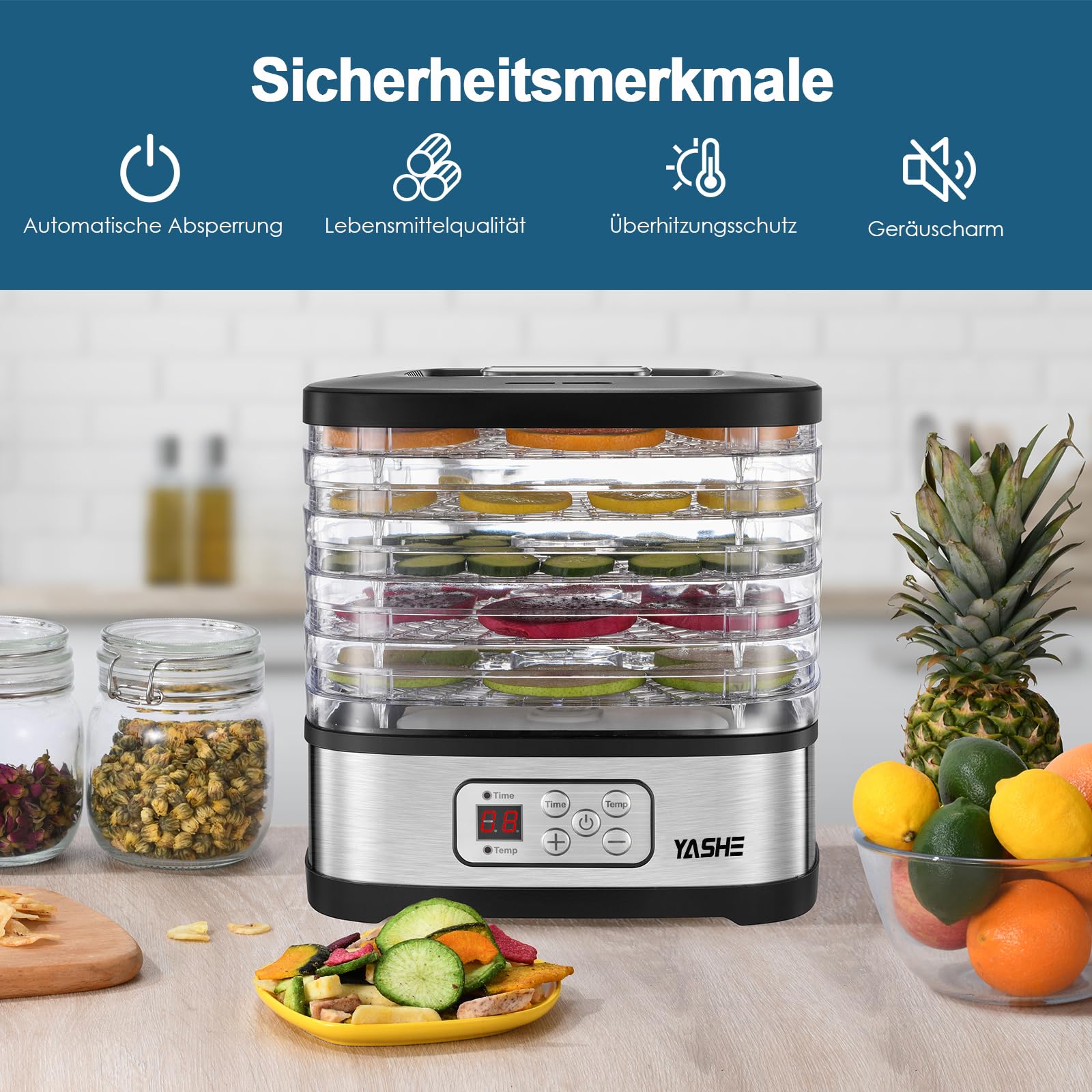 YASHE GGJ-261B Dörrautomat mit LED-Display, Temperaturregelung 35-70°C & 72-Stunden-Timer, 5 höhenverstellbaren Tabletts, Dörrgerät für Obst und Gemüse, 240 Watt, BPA-frei