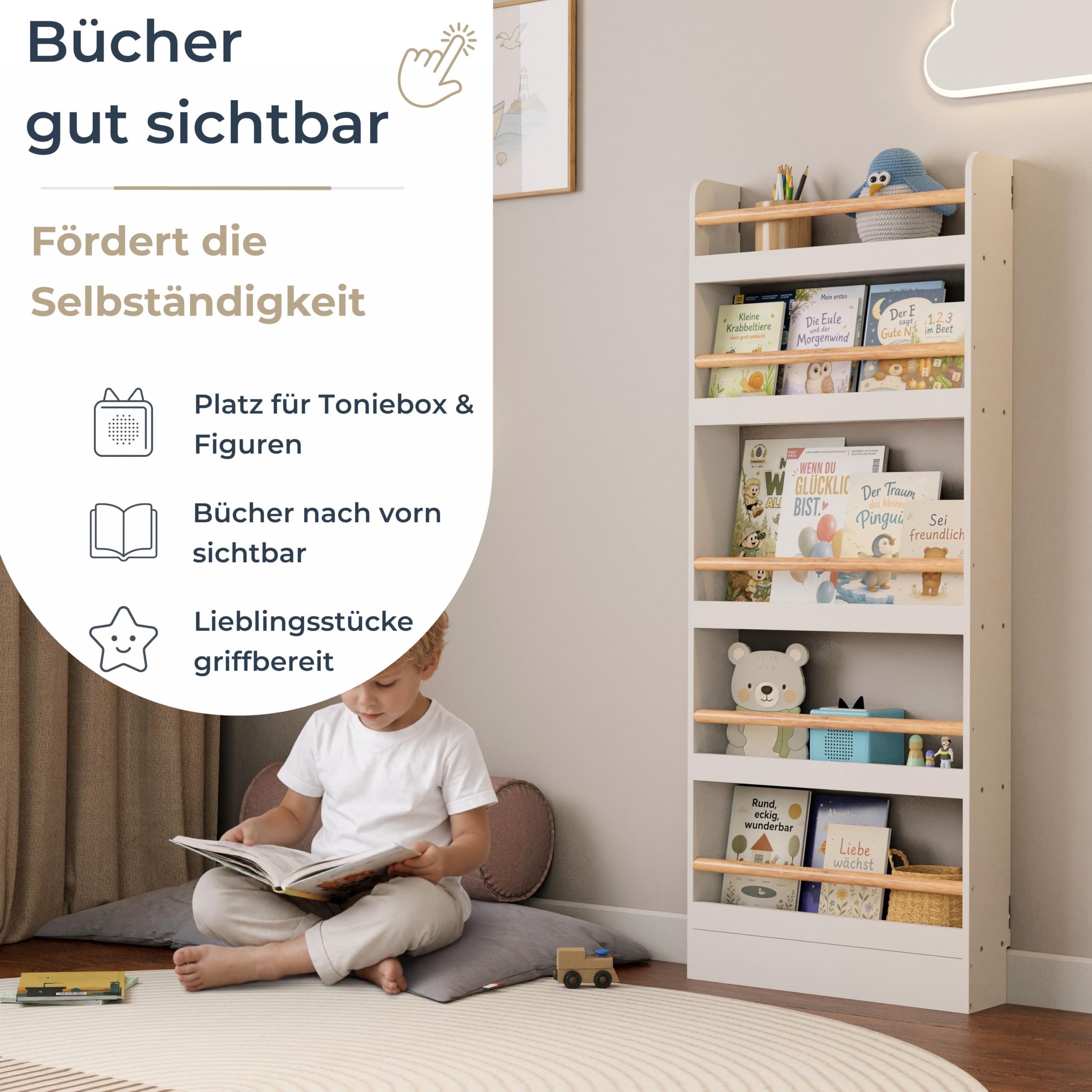 Bücherregal Kinder mit 5 Ablagen, Montessori Kinderbücherregal zur Wandmontage, Wandregal für Bücher, Toniebox & Spielzeug, Weiß/Natur, 60×15×150 cm