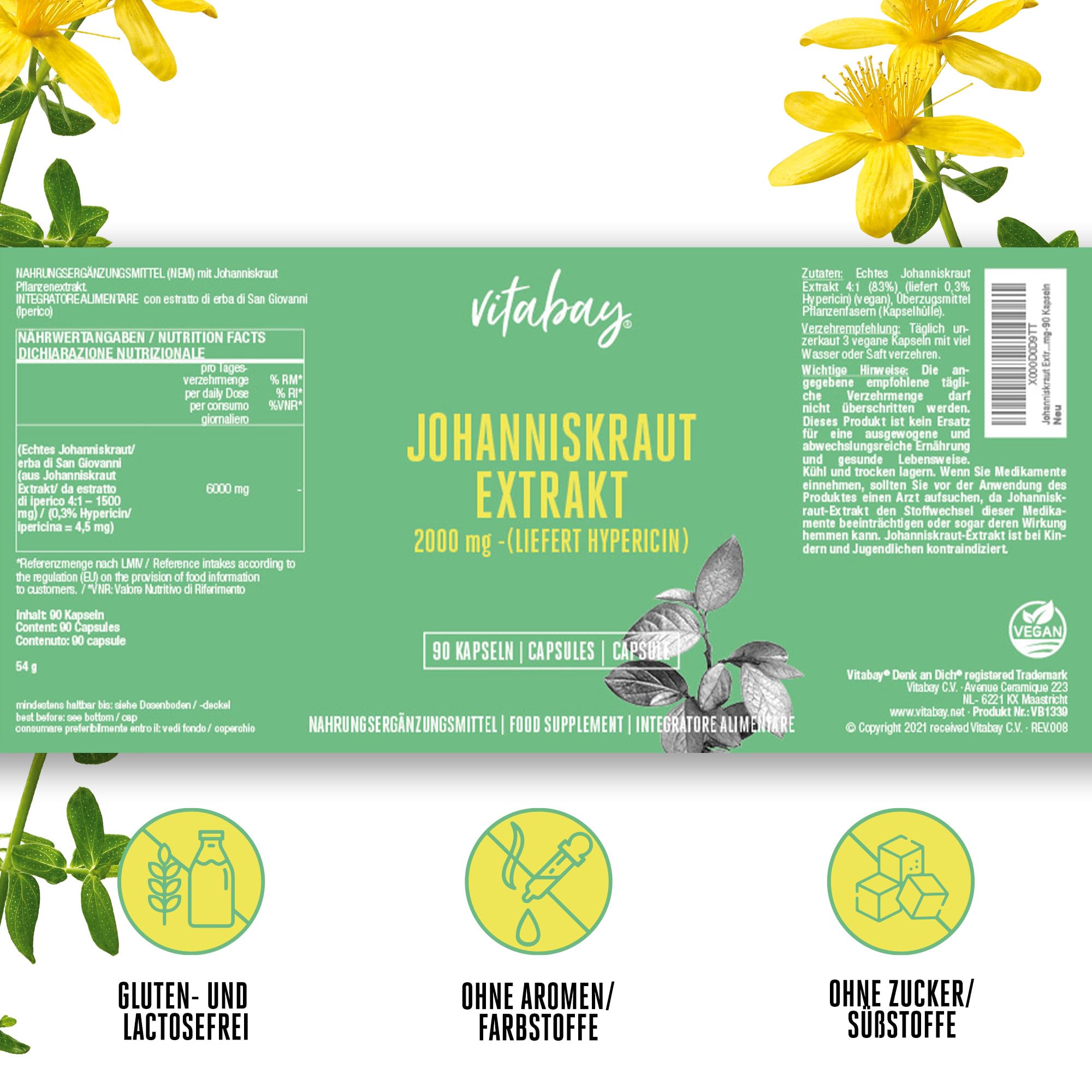 Vitabay Johanniskraut Extrakt 2000 mg • 90 vegane Kapseln • St. John's Wort • Hochdosiert • Liefert Hypericin • Schonende Verarbeitung • Made in Germany