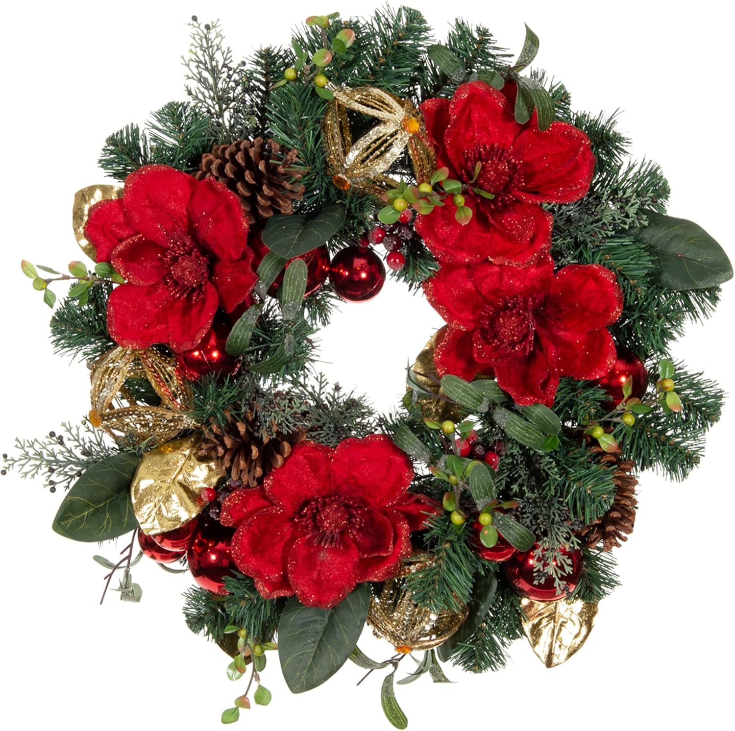 [30 Inch Artificial Christmas Wreath] - Red Magnolia Collection - Red and Gold Decoration - Pre Lit with 50 Warm Clear Colored LED Mini Lights - Includes Remote Controlled Battery Powered Timer