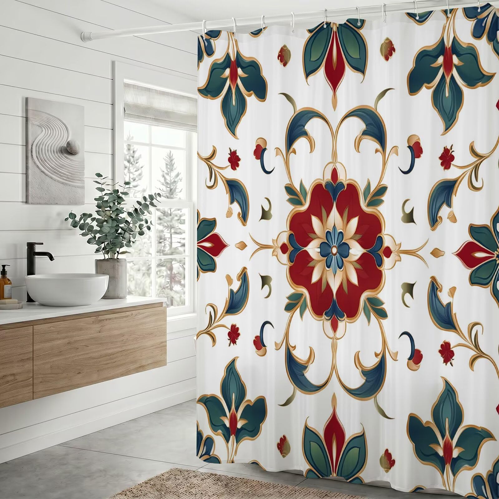 Rideau de douche en tissu polyester lavable pour une salle de bain zen