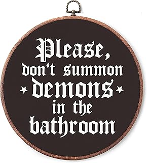 VZVCTFS 10" Gothic Round Canvas Wall Art - Please Don't Summon Demons In The Bathroom, Dark Bathroom Decoration, Restroom Hanging Decorations, Halloween Housewarming Gift - A09