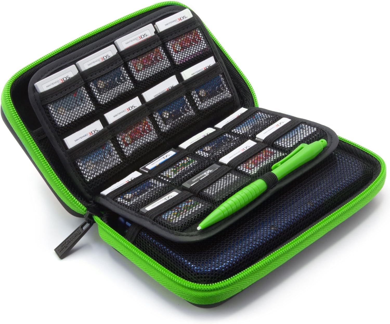 BRENDO Carrying Case for New Nintendo 2DS XL and 3DS XL, 24 Game Cartridge Holders and a Large Stylus - Black/Lime Green