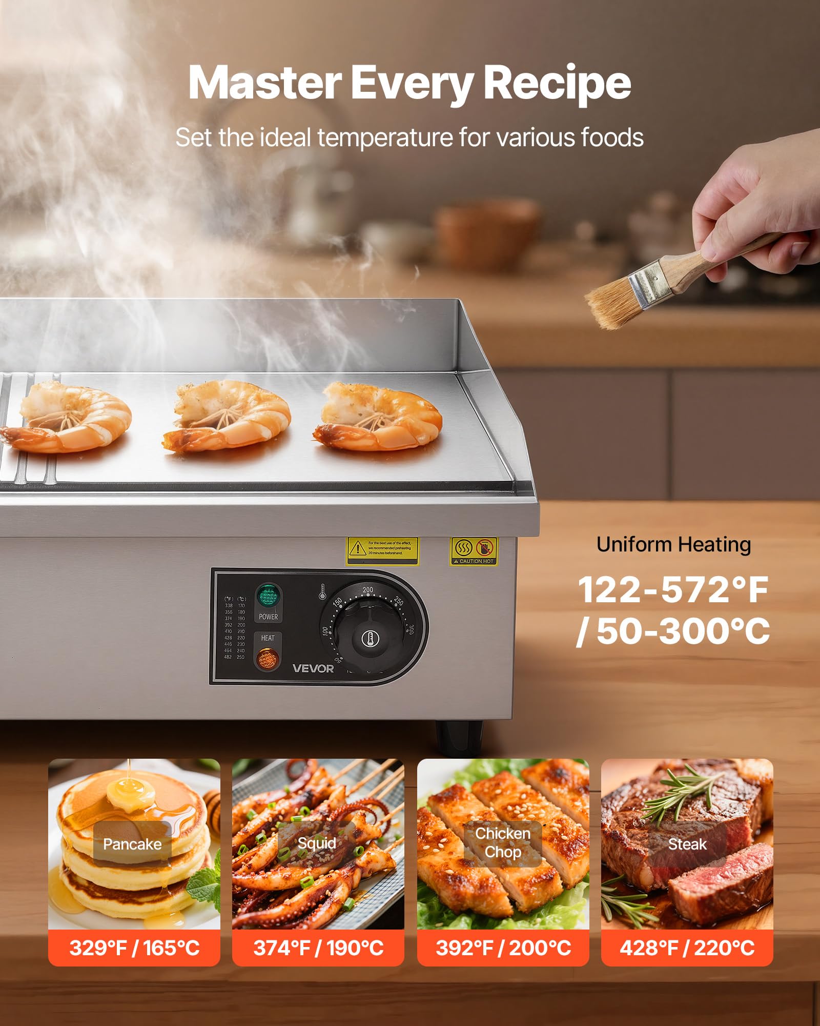 VEVOR Plancha Eléctrica, 3200 W, Control de Temperatura Ajustable 50 a 300 °C, Cuerpo de Acero Inoxidable, Mitad Ranurada, Mitad Plana, con 2 Espátulas, 2 Cepillos y 4 Almohadillas para los Pies