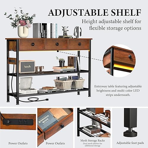 Miniatura 5 de Consola estrecha de 47 pulgadas con almacenamiento y 3 cajones y tomacorrientes, para sofá y sala de estar, pasillo, vestíbulo, sofá, TV, acuario,