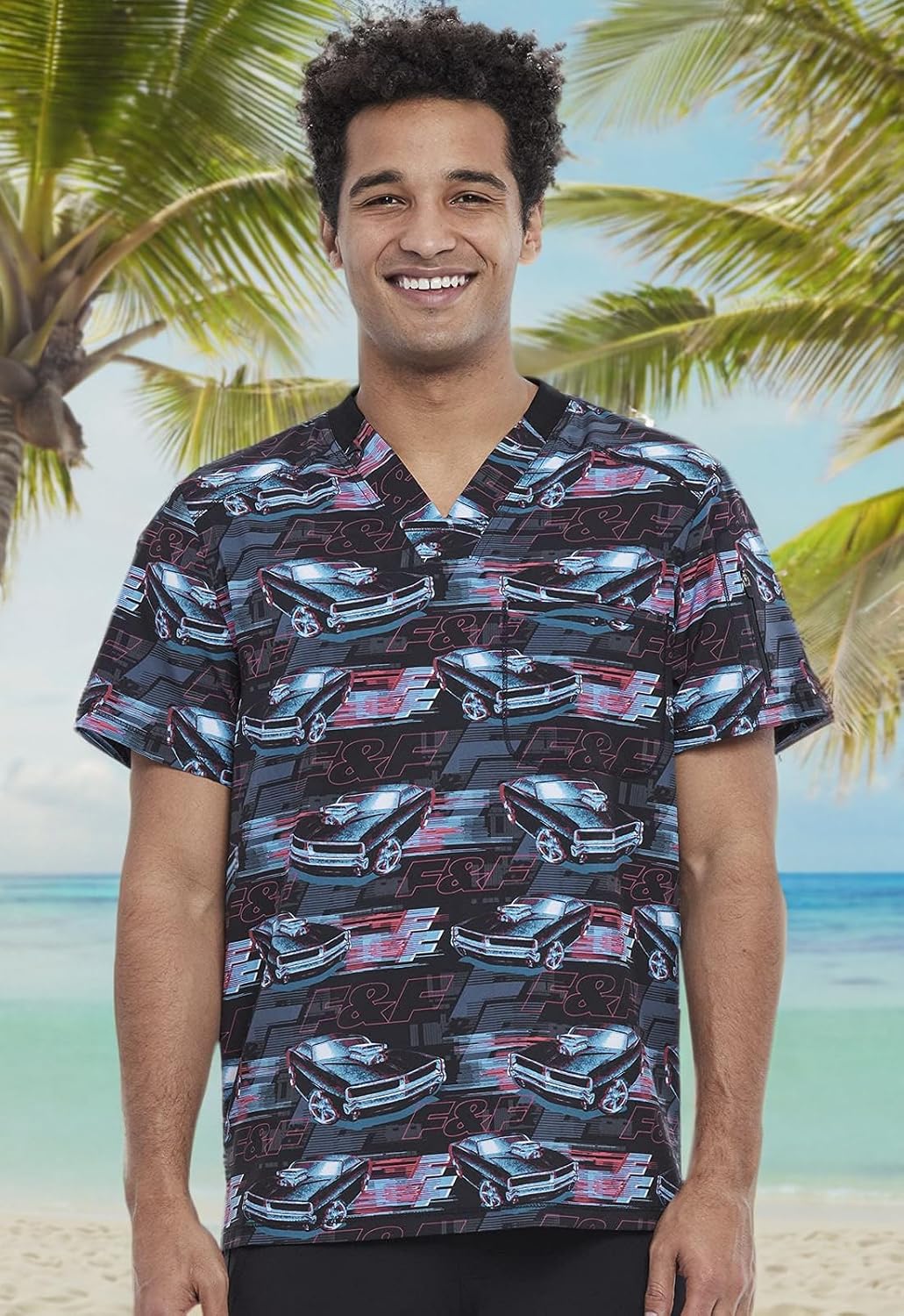 Tooniforms Men Scrubs Top V-Neck TF730, XS, Fast and Furious