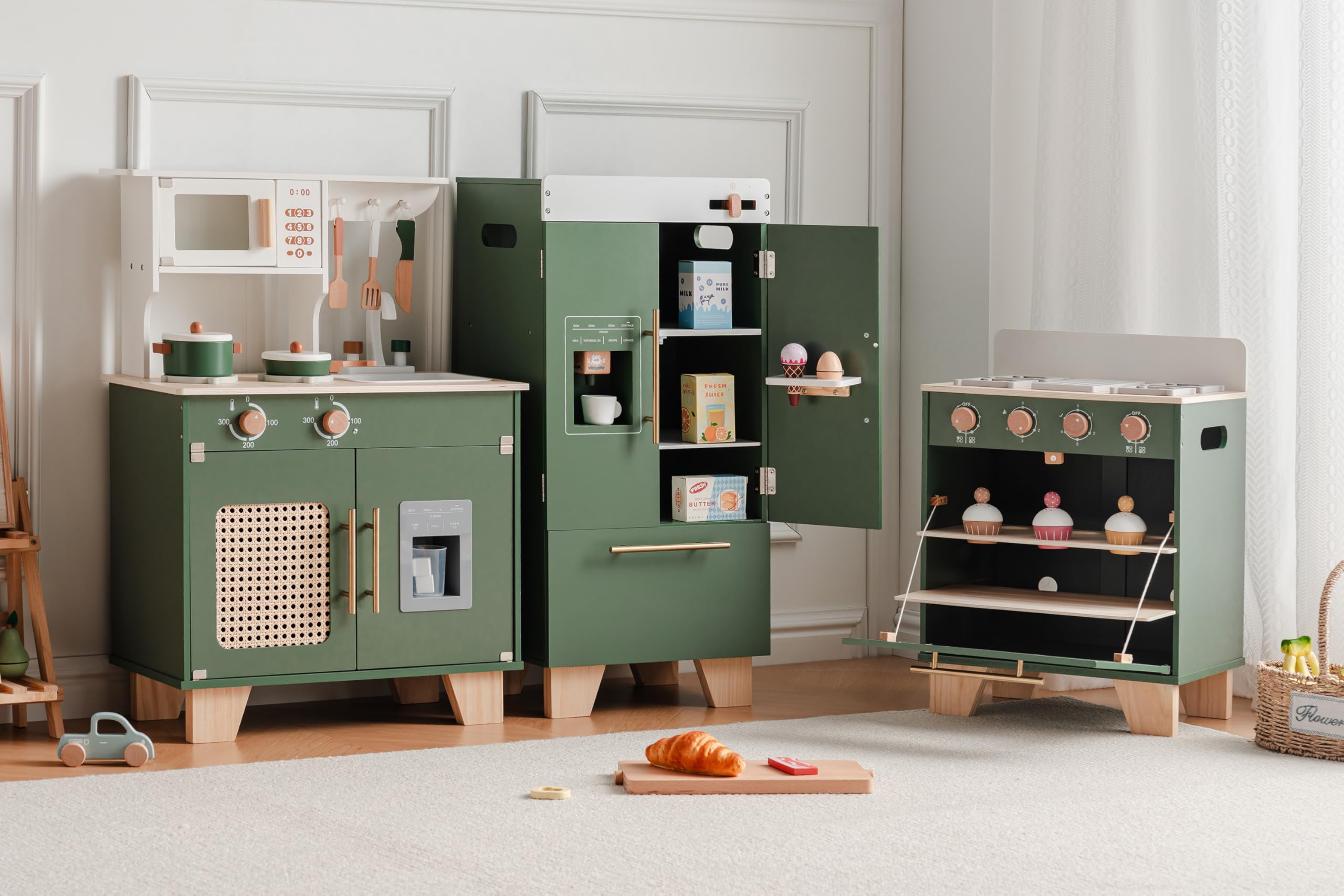 ROBOTIME Spielküche Holz mit Kühlschrank und Backofen, ab 3 Jahren | 3-in-1 Kinderküche Zubehör mit Eisspender, Spüle, Herd, Stauraum und Küchenutensilien, Vintage-Grün, Geschenk für Kinder