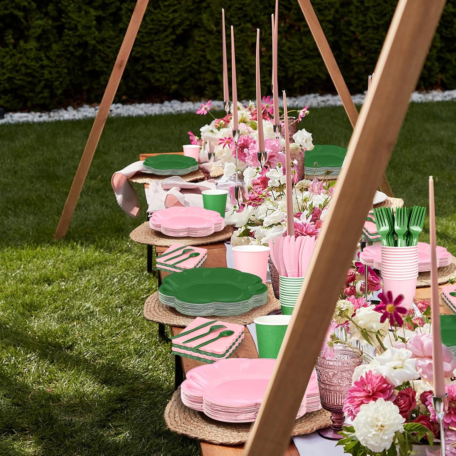 416 Pcs Pink And Green Party Supplies - For 52 Guests Paper Plates And Napkins Knives Spoons Forks Cups - Disposable Big Scalloped Dinner Party Set Cutlery - For Baby Shower Bridal Shower Wedding