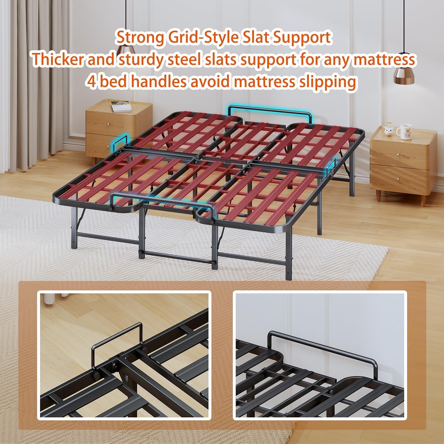 Heavy Duty King Size Bed Frame, 14 Inch Foldable Metal Bed Frame, King Platform Bed, Sturdy Mattress Foundation, Easy Assembly, No Box Spring Needed for King Size Mattress, Black