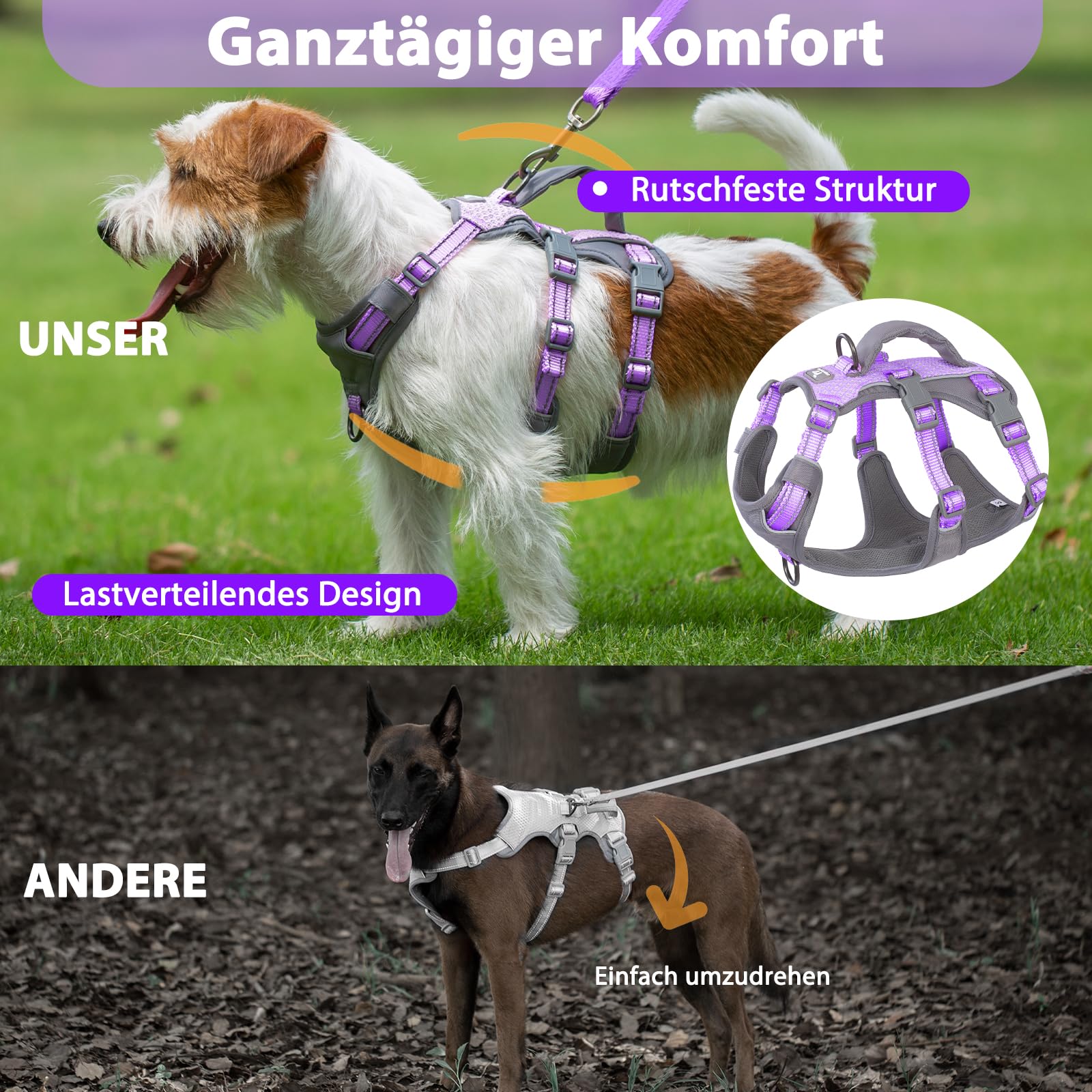 Huntboo Sicherheitsgeschirr Hund Ausbruchsicher, Panikgeschirr für Hunde, Reflektierendes Geschirr Hund mit Griff, Verstellbare Hundegeschirr für kleine, mittelgroße und große Hunde (Lavendel Lila,XS)