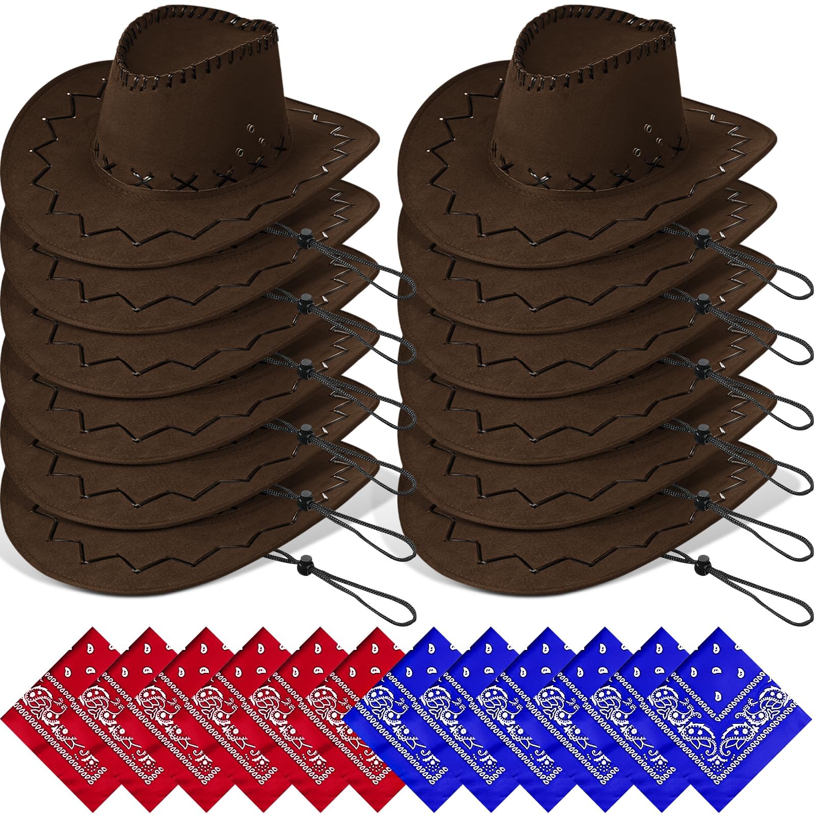 Set di 24 cappelli da cowboy per adulti – Cappello western con tesa larga in finta pelle scamosciata, cappello da cowboy, set da festa con 12 bandane e cordoncino regolabile per uomini e donne