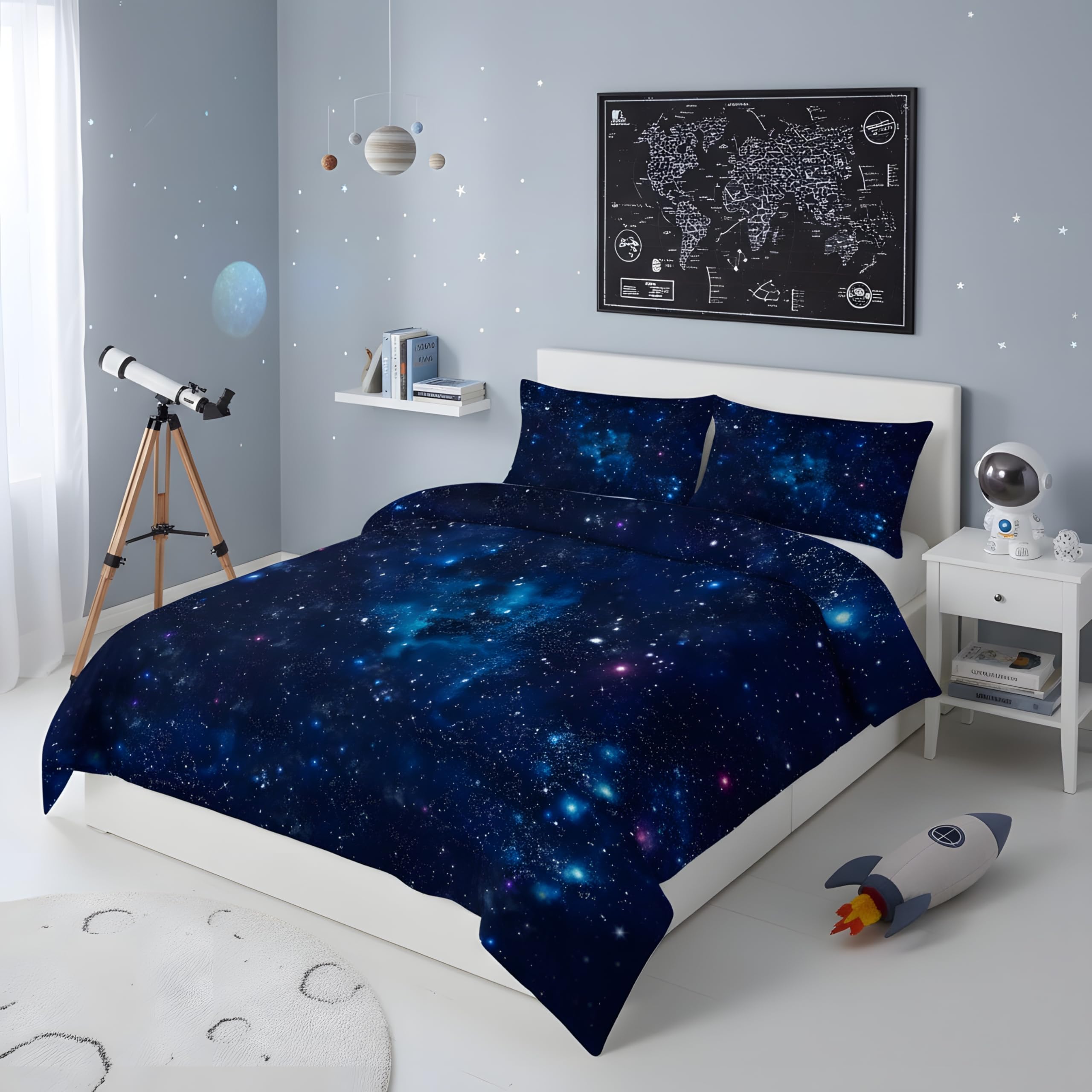 Blauer Sternenhimmel Bettdecke 135x200, 4 Jahreszeiten Galaxie Steppdecke | Vierjahreszeiten Bettdecke ohne Bezug, Universum, Warme Ganzjahresdecke, Waschbar Schlafdecke mit 2 Kissenbezug 80x80 cm