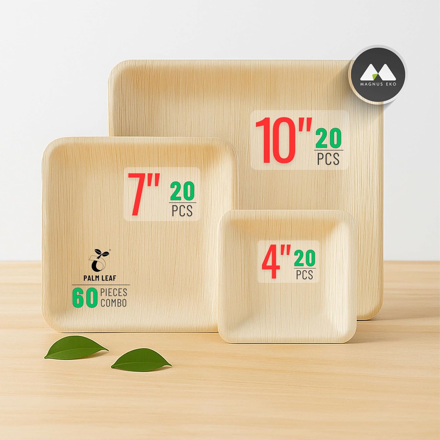 | 10 Inch + 7 Inch + 4 Inch Square Combo Plates 60 Pcs | Disposable plates for Party | Eco Friendly, Compostable and Biodegradable serving bowls for Catering, Weddings and Party