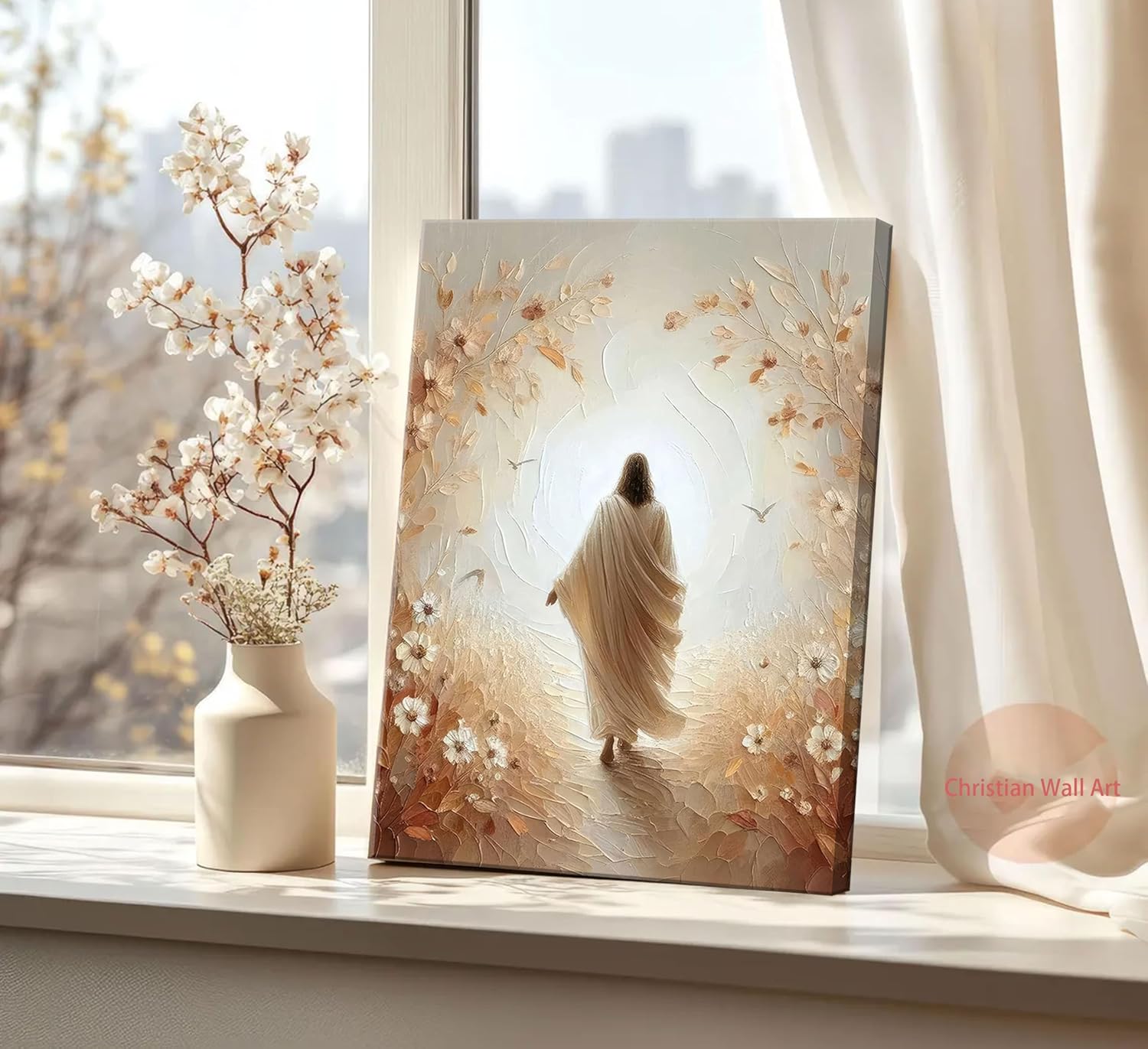 Jesus Christ Canvas Wall Art Jesus and Floral Abstract Christian Poster Prints Religious Spiritual Picture Wall Decor for Living Room Bedroom Church Prayer Room 16x24in Framed Jesus 24"L x 16"W