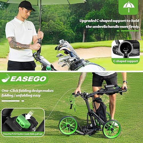Miniatura 7 de Carrito de golf con 3 ruedas carrito plegable para bolsa de golf con soporte para teléfonotazaparaguas, carritos de golf compactos de tracción de