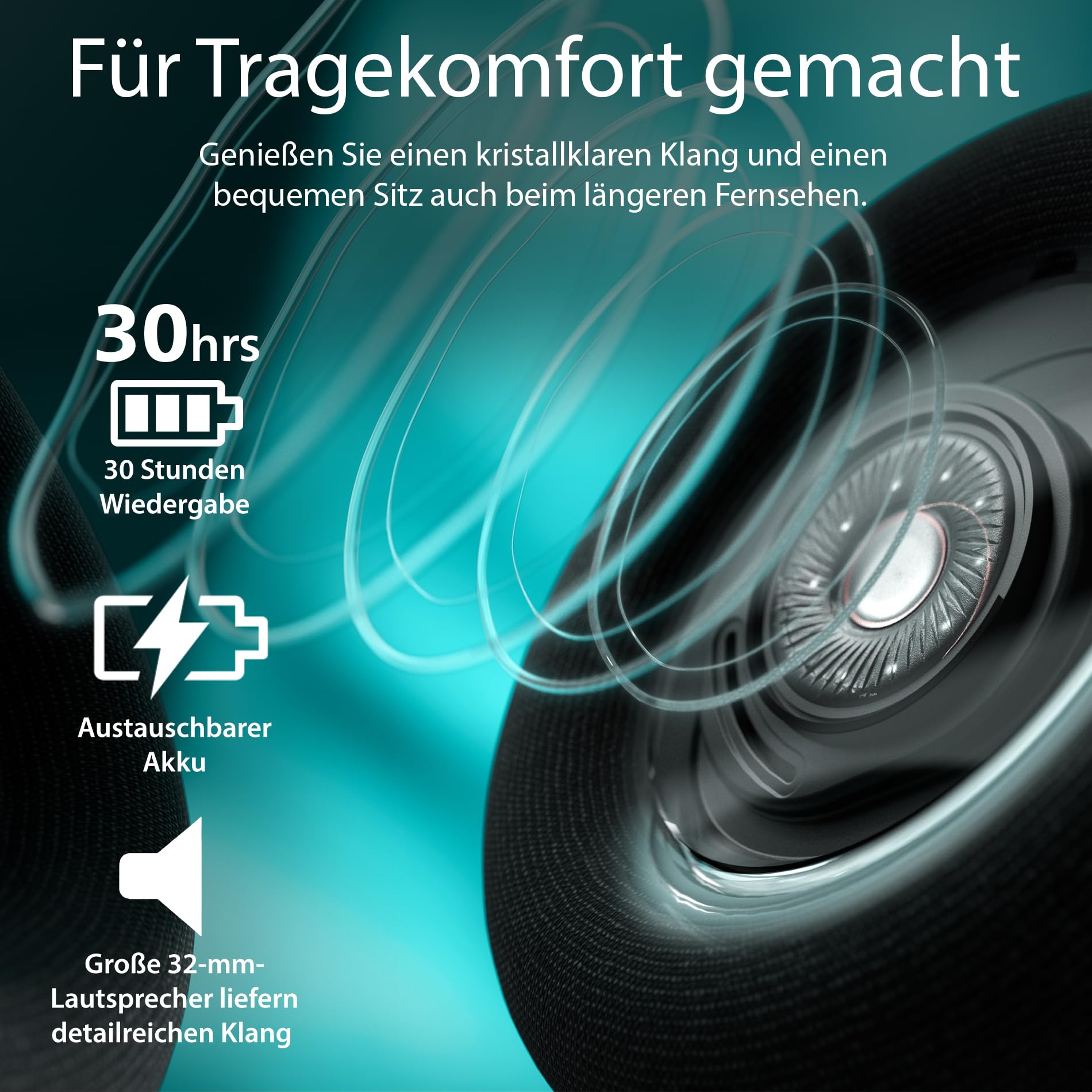 Philips SHC5200M2 kabellose TV-Kopfhörer mit 30 Std. Wiedergabezeit, 30 m Reichweite, digitaler 2,4-G-Verbindung, bequemem ohraufliegendem Sitz, austauschbarem Akku, klarem Dialogklang – Schwarz