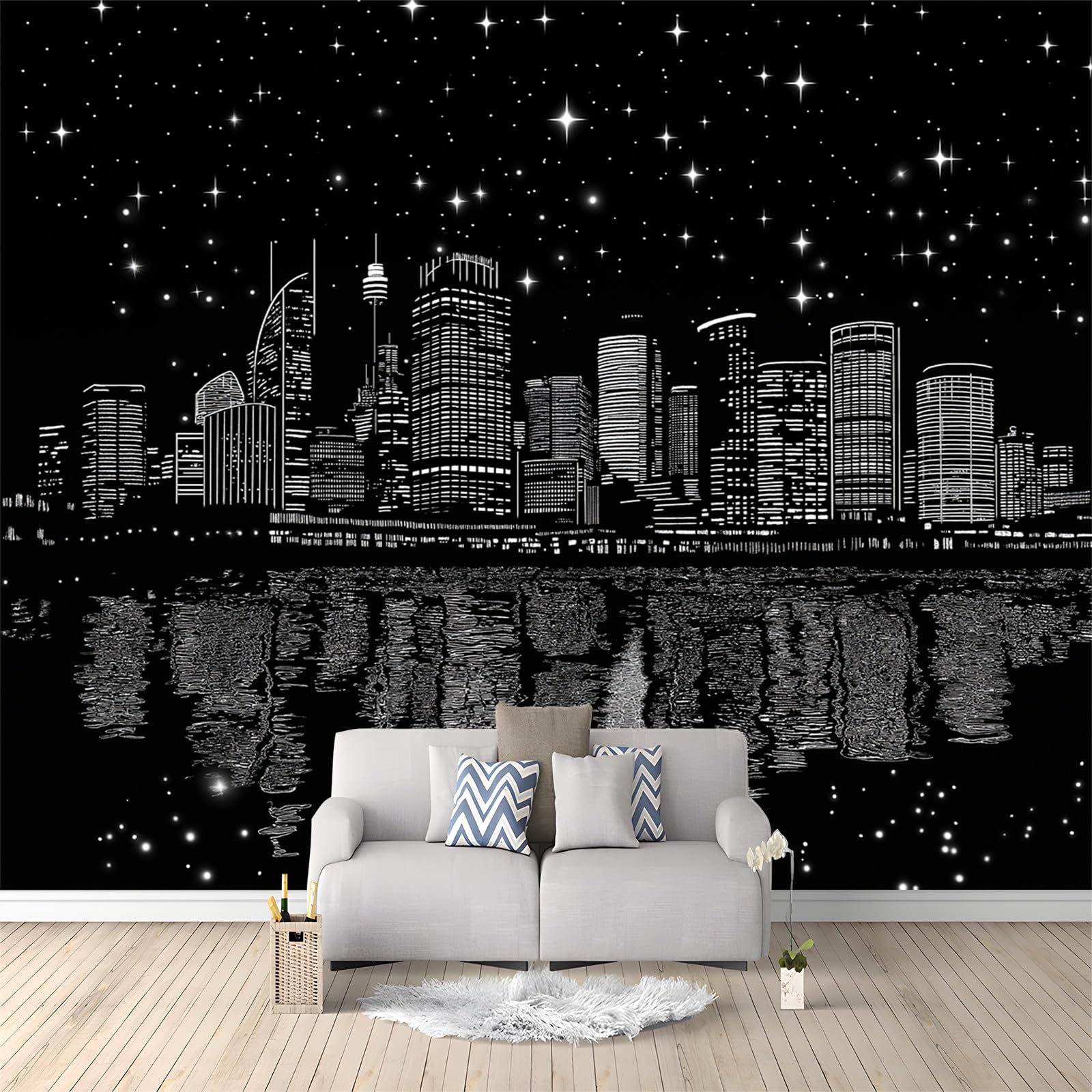 Photo Wallpaper Modern City Night Scene Non-Woven Mural Wallpaper 300 x 210 cm Wall Covering for Living Room and Bedroom Decoration Black Modern Mural Wallpaper for Children's Room