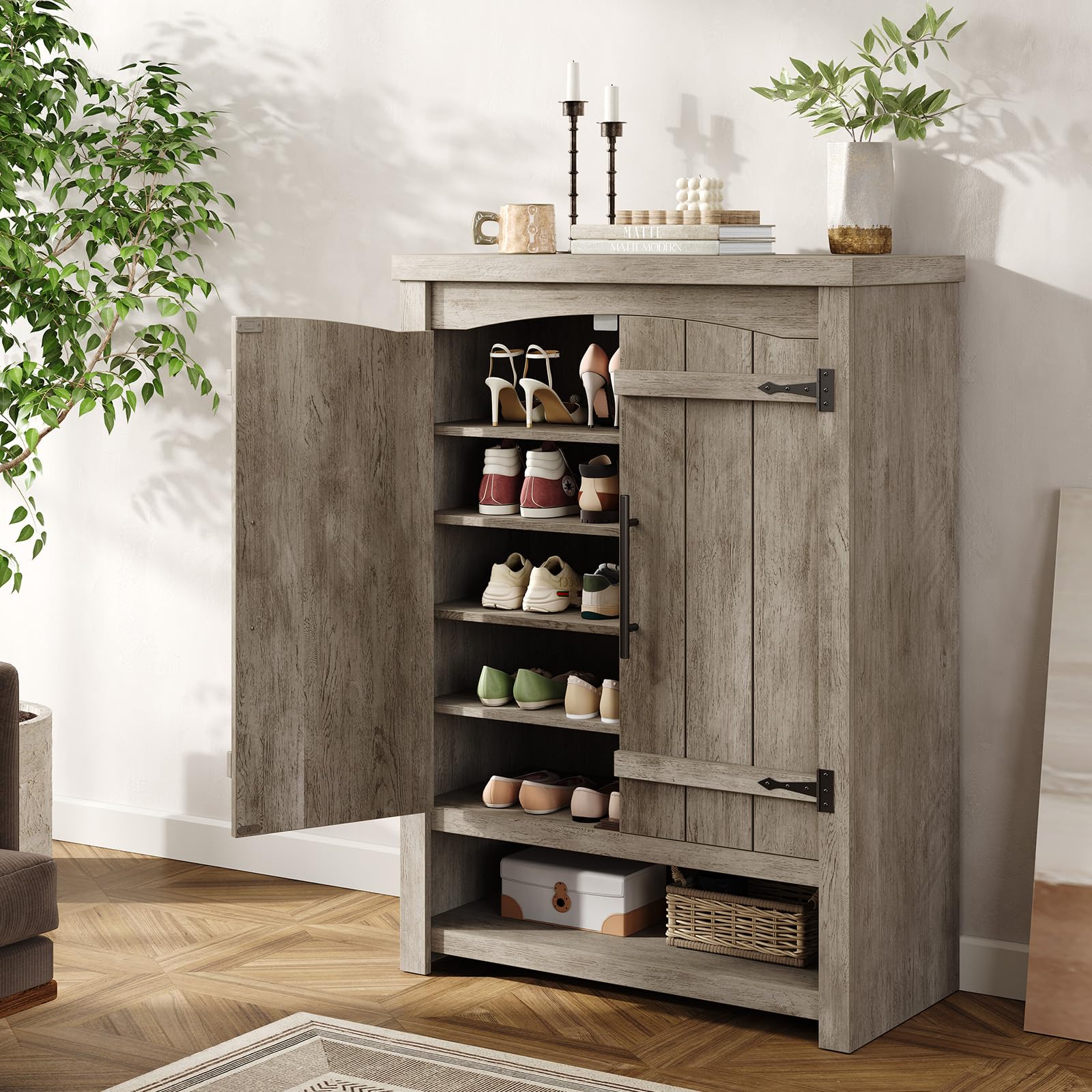 6-Tier Shoe Cabinet with Doors, Farmhouse Shoe Storage Cabinet with Adjustable Shelves, Shoe Shelf, Rustic Wooden Shoe Organizer, Shoe Rack Organizer