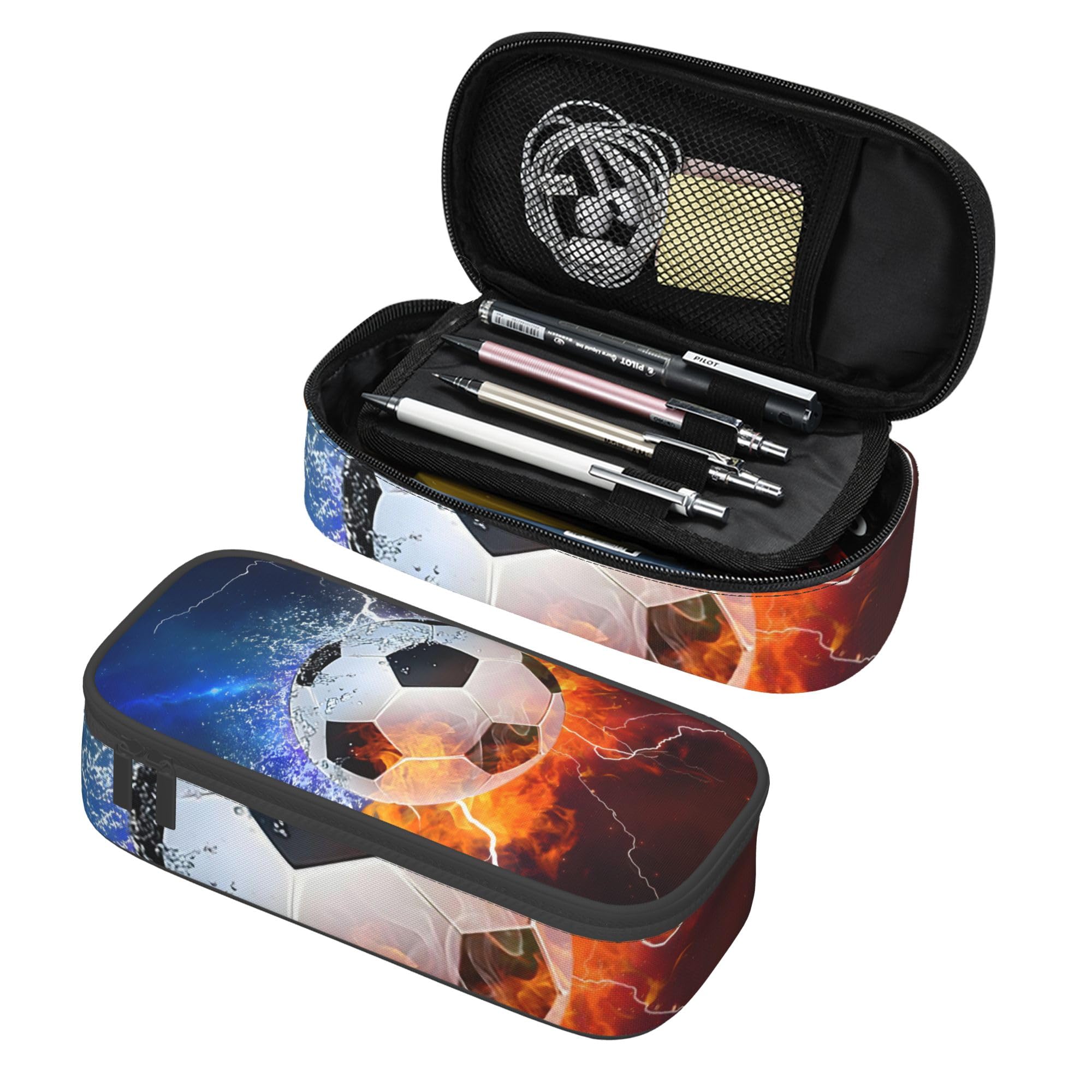 Gelasgo Flame Soccer Pencil Pouch for Girls, Large Capacity Pencil Case with Double Zipper & Compartments, Cute Portable Pen Bag for Kids School Supplies, Organizer for Calculator, Office & Travel