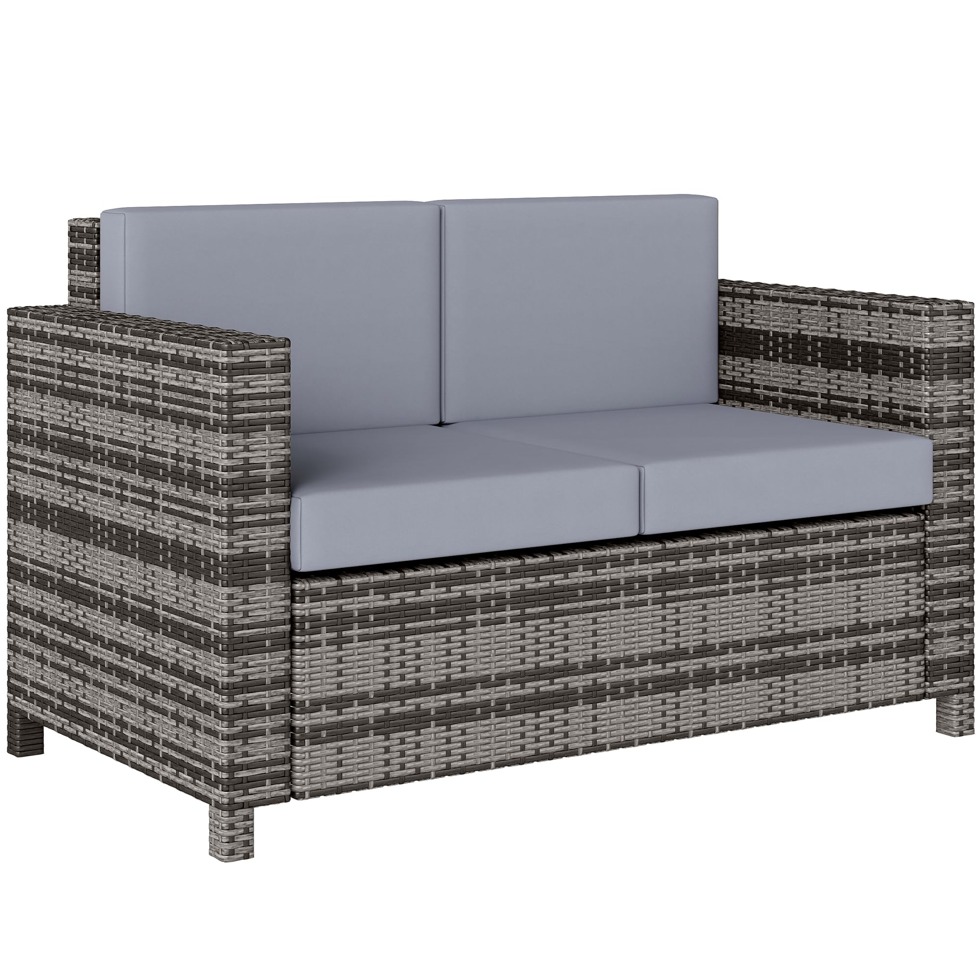 Outsunny Rattan Sofa, 2 Seater Garden Furniture with Soft Padded Cushion and Armrests, Wicker Garden Loveseat for Patio, Mixed Grey