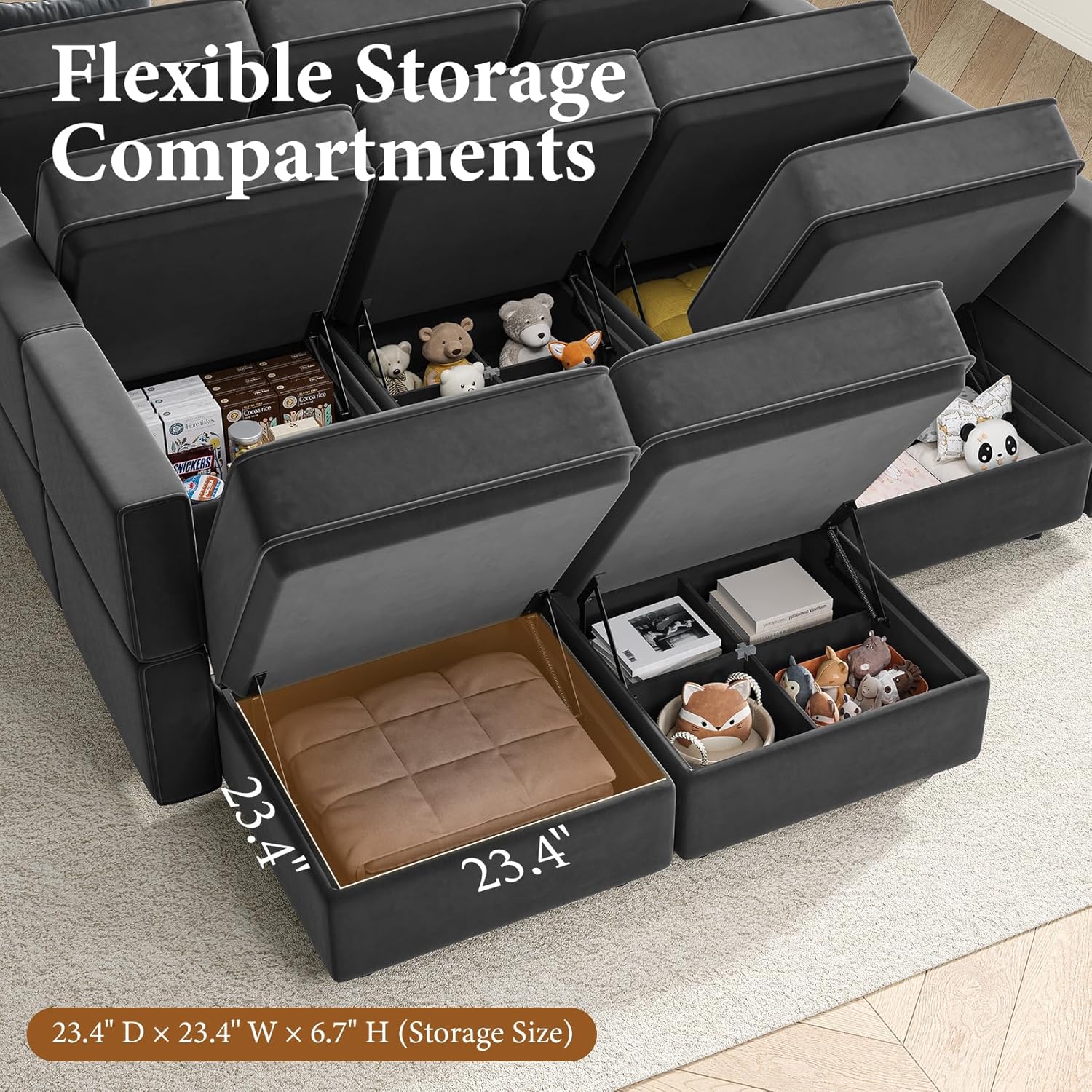 Vesgantti Sectional Sleeper Sofas with Storage, 92" Sofa Bed with 6 Seats Storage Chaises Removeble Cover, Deep Seat Modular Couches Velvet Couch Set for Living Room, Apartment, Home Theatre, Grey