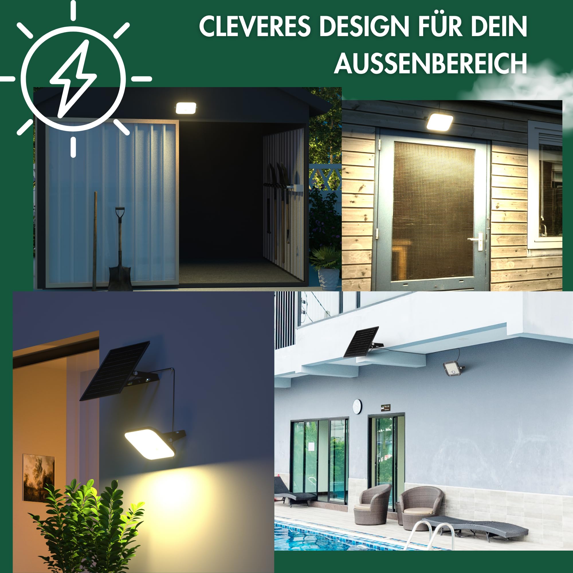 Solarlampen für außen mit Bewegungsmelder - Solar Wandleuchte aussen und innen mit Superhellen LEDs, PIR-Sensor, 2 LED-Farben und Fernbedingung, Solar LED Strahler für Garten (Würfel 100W)