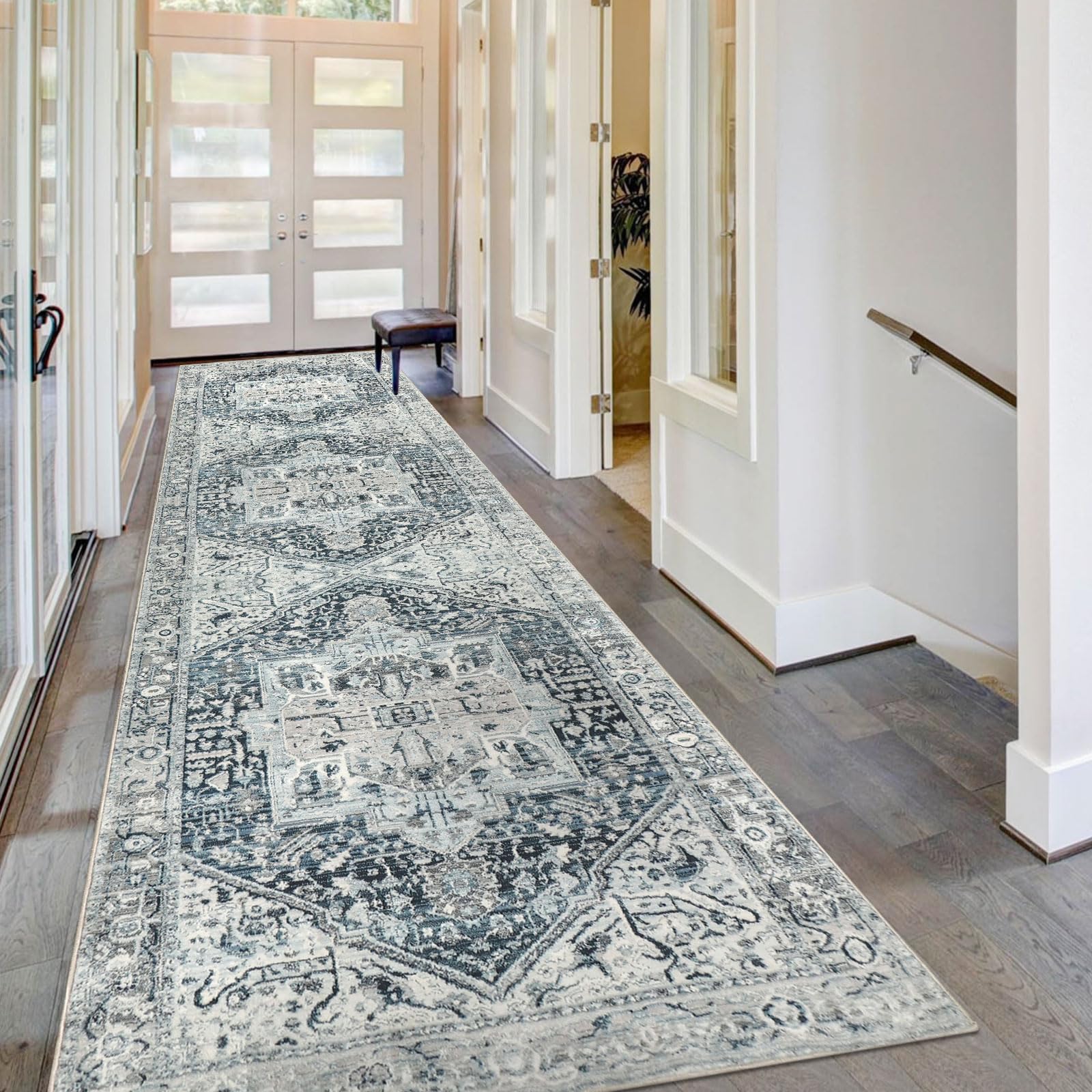 Homcomodar Distressed Läufer Teppich für Flur 80x300cm Vintage Flur Runner Teppiche Waschbare Boho Kitchen Runner Teppiche für Entryway Wäsche Daneben(Blau/Grau)