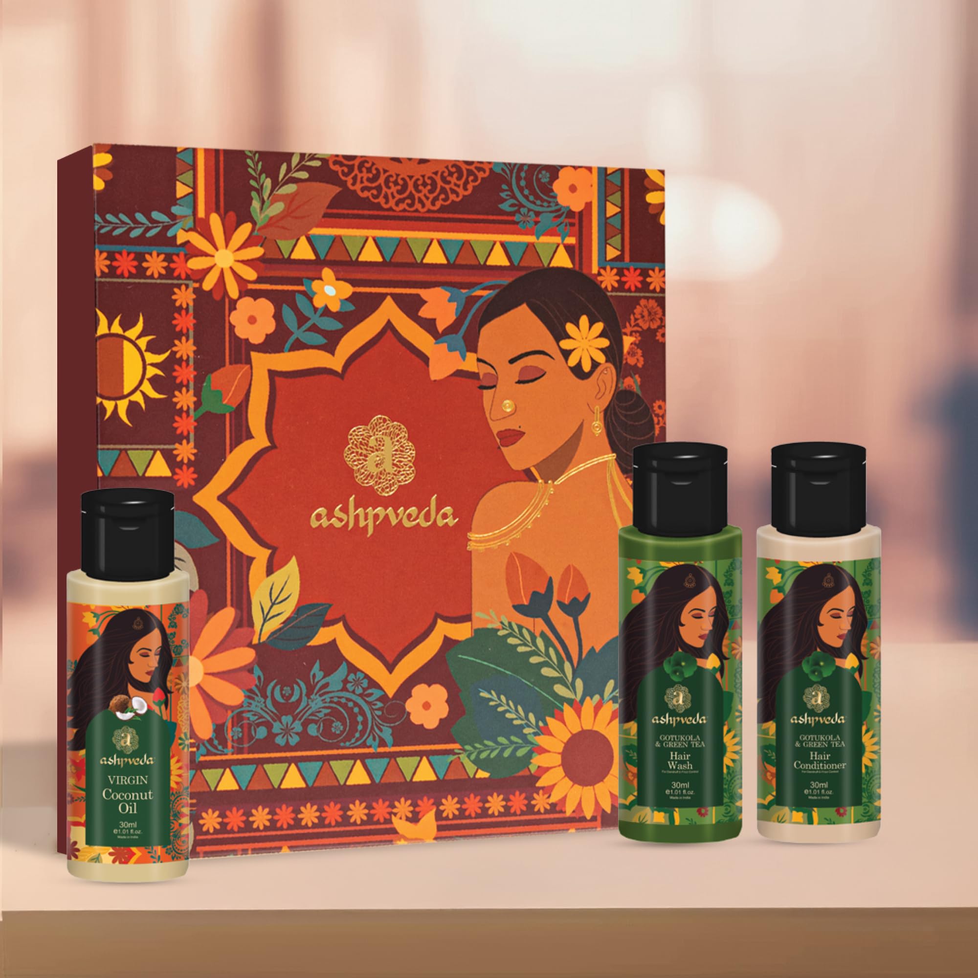Ashpveda Champa Gift Box | Green Tea & Gotukola Hair Care Kit – Hair Wash, Conditioner & Virgin Coconut Oil – Travel Size Pack-image-29