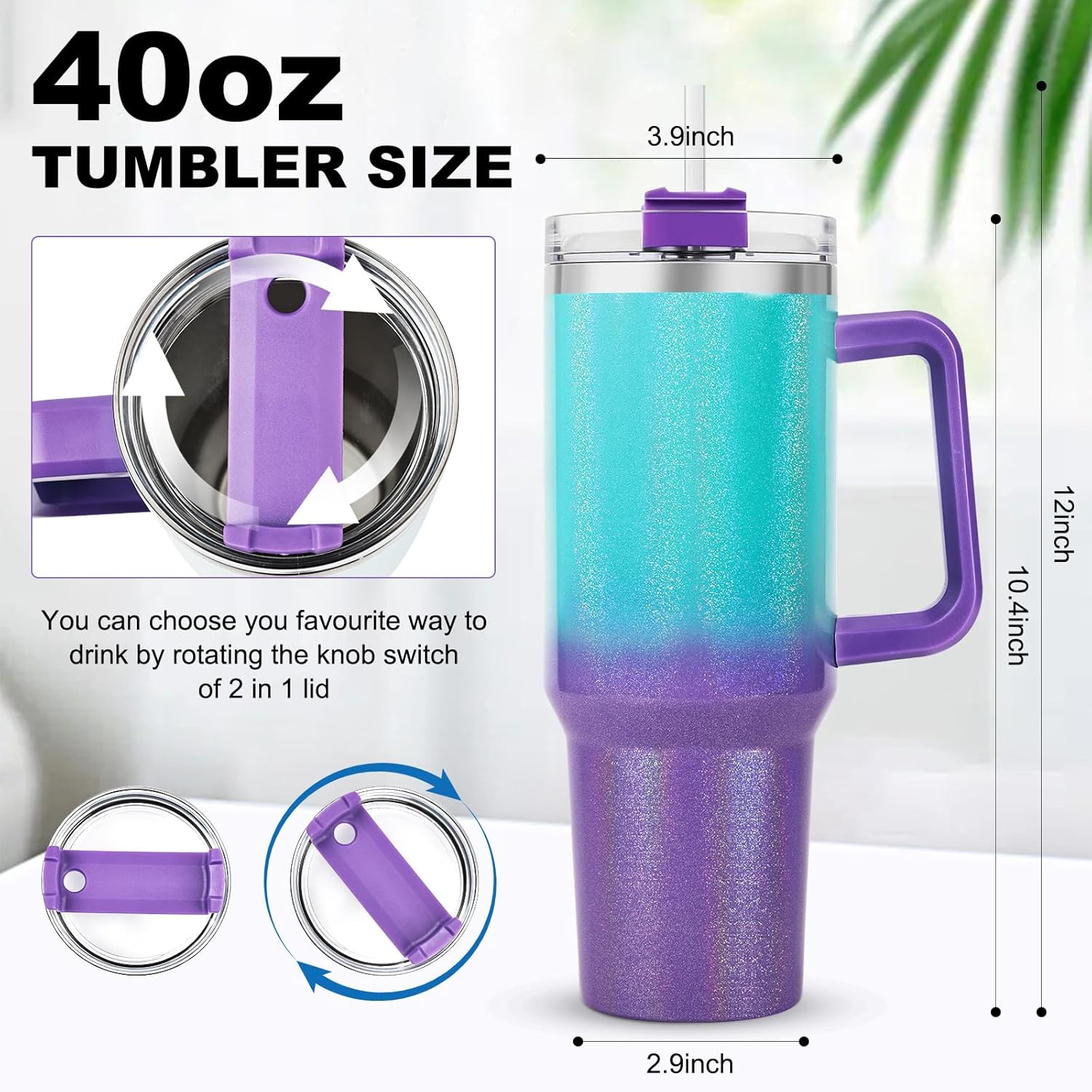 40 oz Tumbler with Handle and Flip Straw Lid, Vacuum Insulated Leak Proof Double Walled Stainless Steel Glitter Travel Mug Tumblers, Maintains Cold Ice and Heat for Hours(Green Purple Gradient) - Image 2