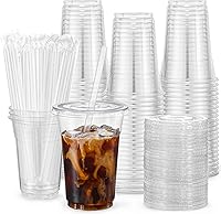 VITEVER 100 Pack 16oz Clear Disposable Plastic Cups with Lids & Straws - BPA Free for Iced Coffee, Smoothies, Cold Drinks