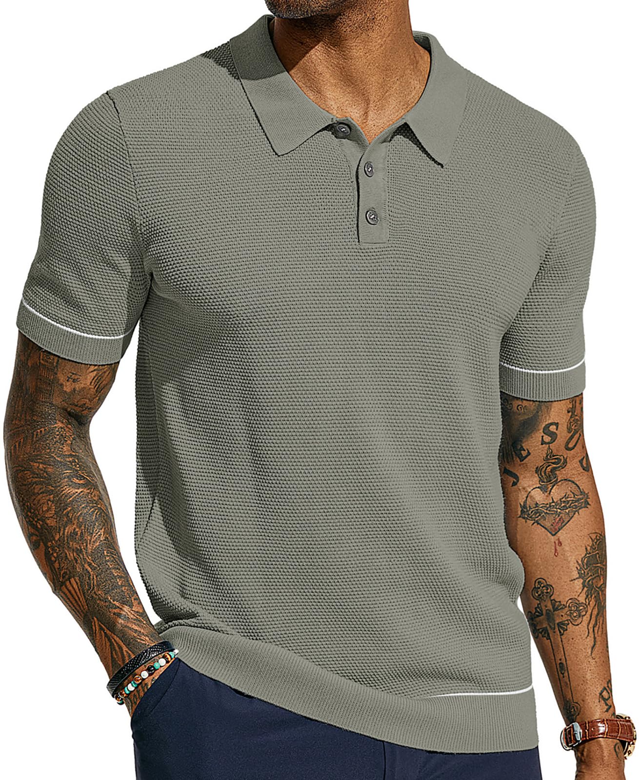 PJ PAUL JONES Mens Knit Polo Shirts Short Sleeve Textured Polo Shirts Sretchy Regular Fit