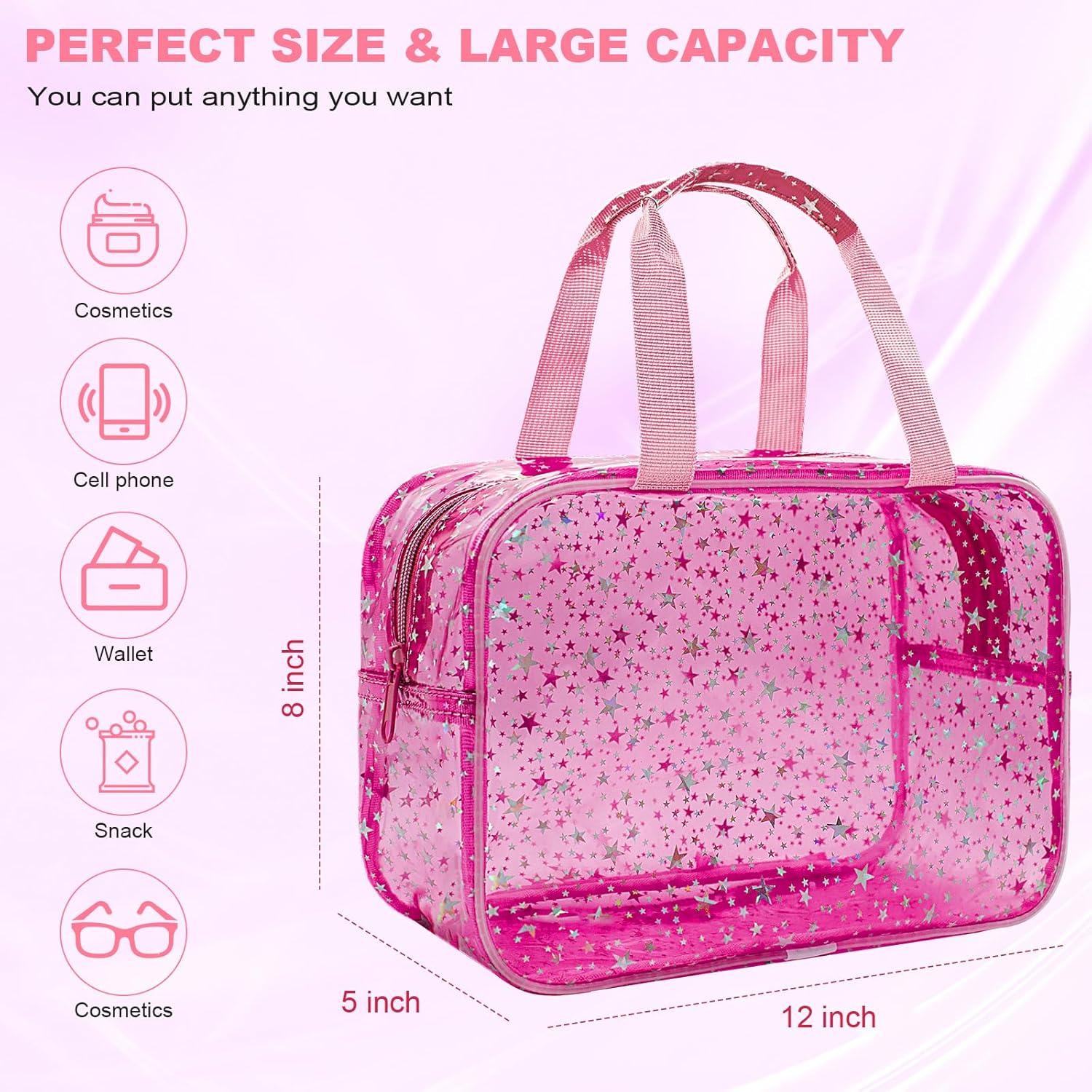 Clear Red Star Large Makeup Bag with Star Pattern 12x5x8 inch, Travel Cosmetic Bag with Handle, Durable PVC Material Washbag Zipper Opening Design for Makeup Travel Organizer or Gym Use - Image 2