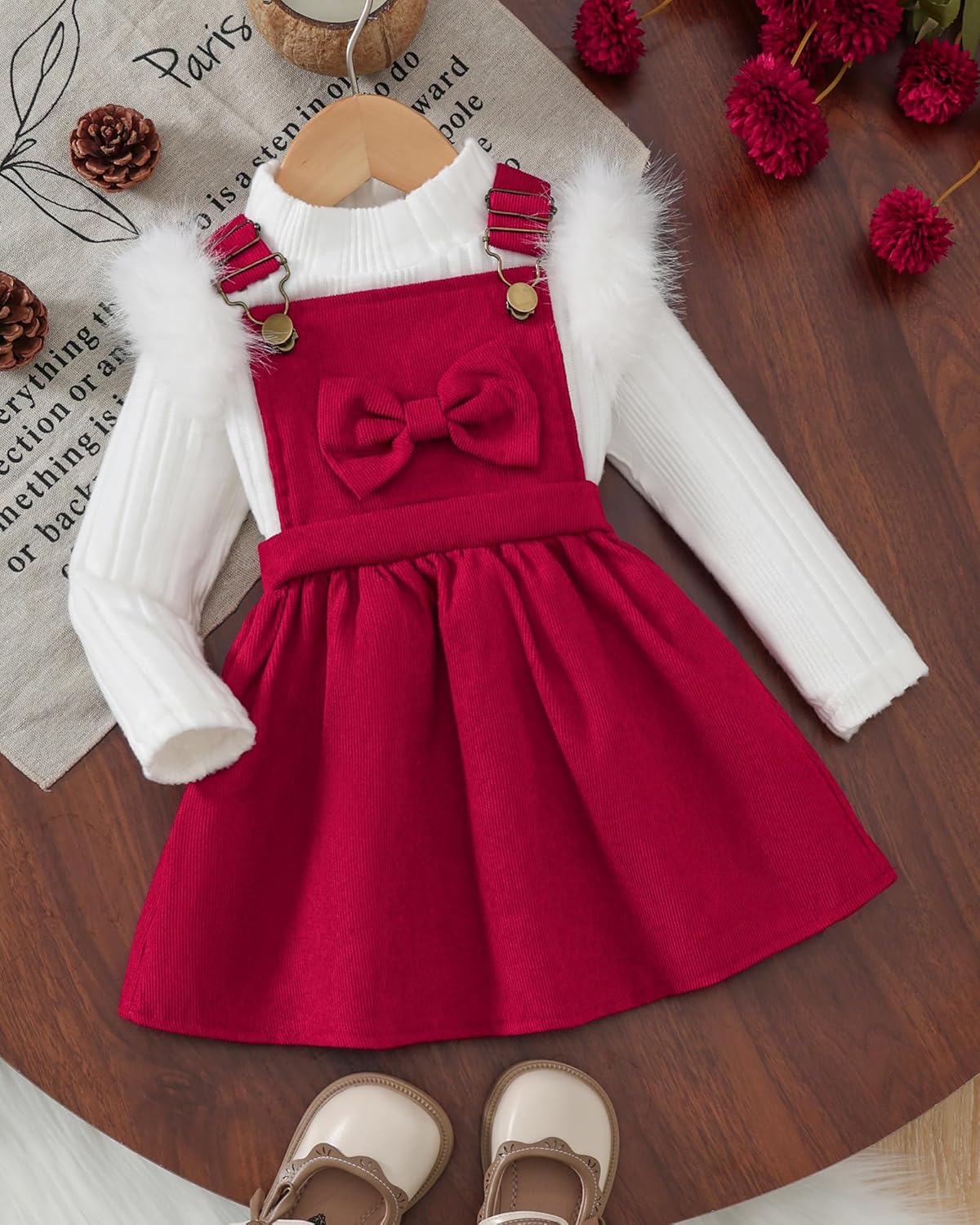 Toddler Baby Girl Outfits Long Sleeve Ribbed T-Shirt Bow Overall Dresses Suspender Skirt Set Fall Winter Clothes - Image 4