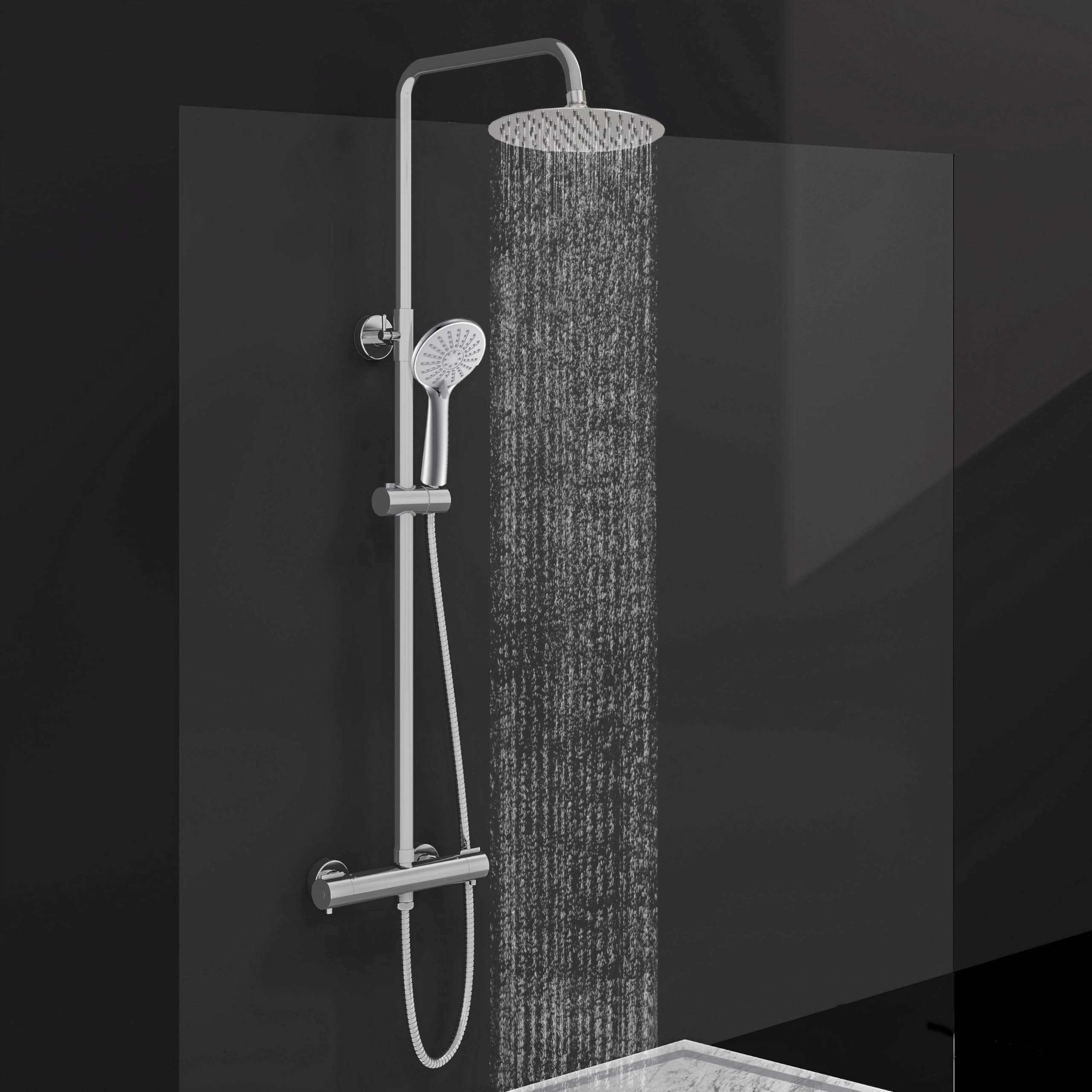 Acezanble Chrome Thermostatic Shower Mixer Set Round 38 °C Thermostat Shower System With 20Cm Rainfall Shower Head, Handheld Shower, Anti Scald Shower Mixer Bar Kit, Adjustable Height