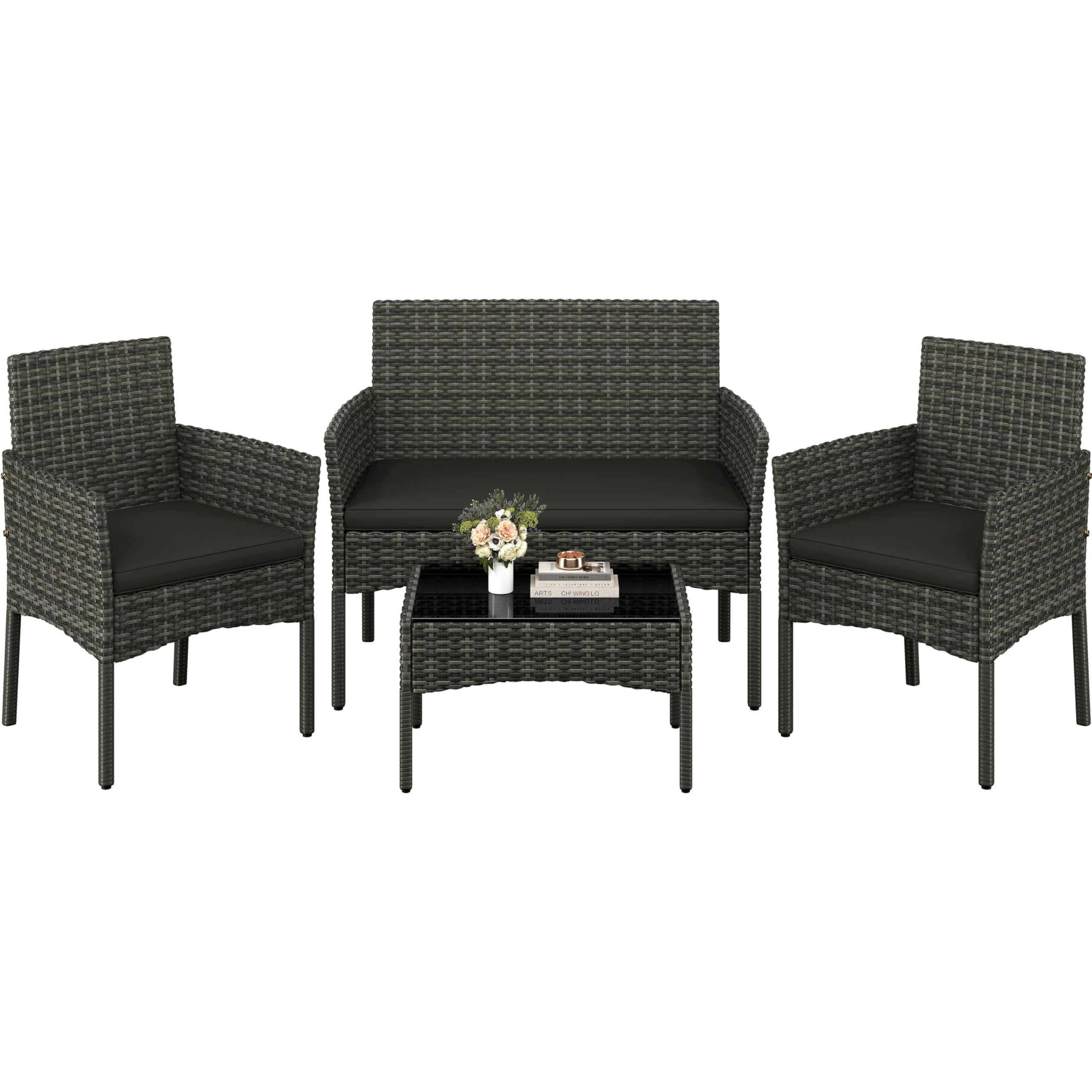 Yaheetech 4 Pieces Outdoor Patio Conversation Set, PE Rattan Wicker Sofa Set with Soft Cushion and Tempered Glass Table for Yard, Poolside, Garden (Grey)