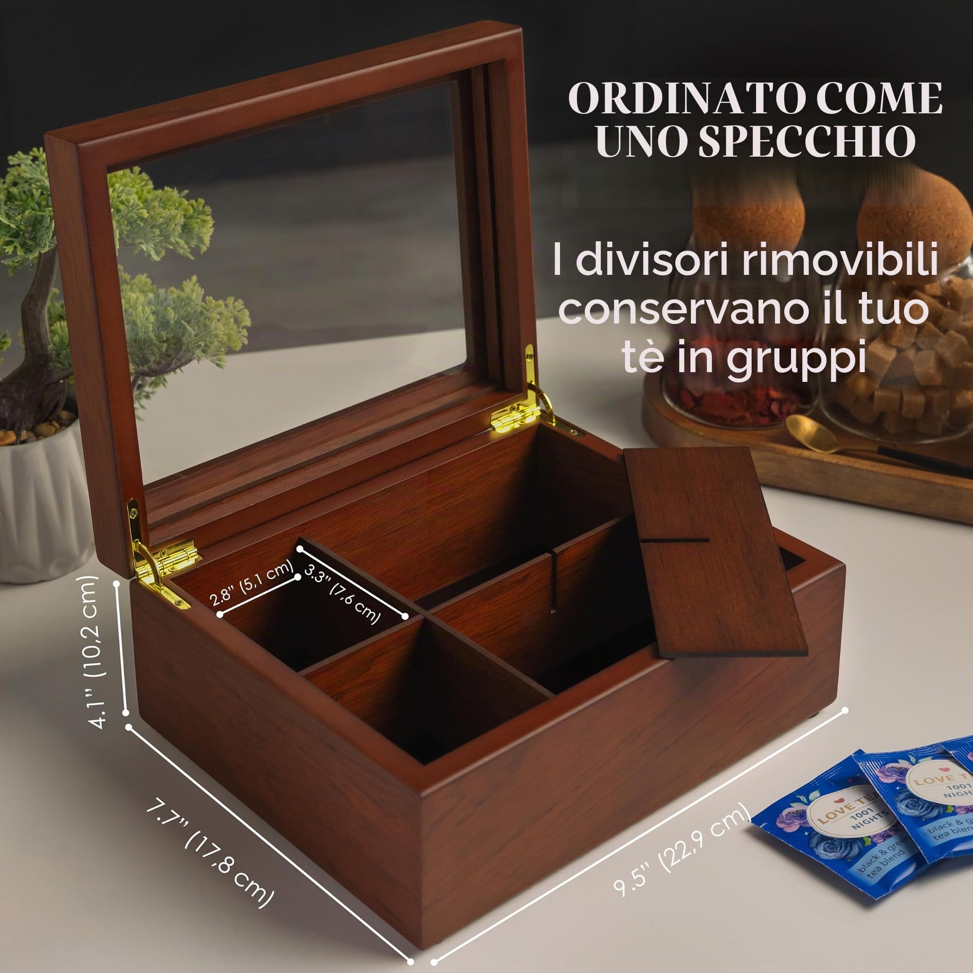 Scatola da tè – Lussuosa scatola da tè in legno della collezione Premium Cofanetto per bustine da tè scomparti regolabili, fatto a mano e con lucernario resistente ai graffi (Walnut 6-Compartment)