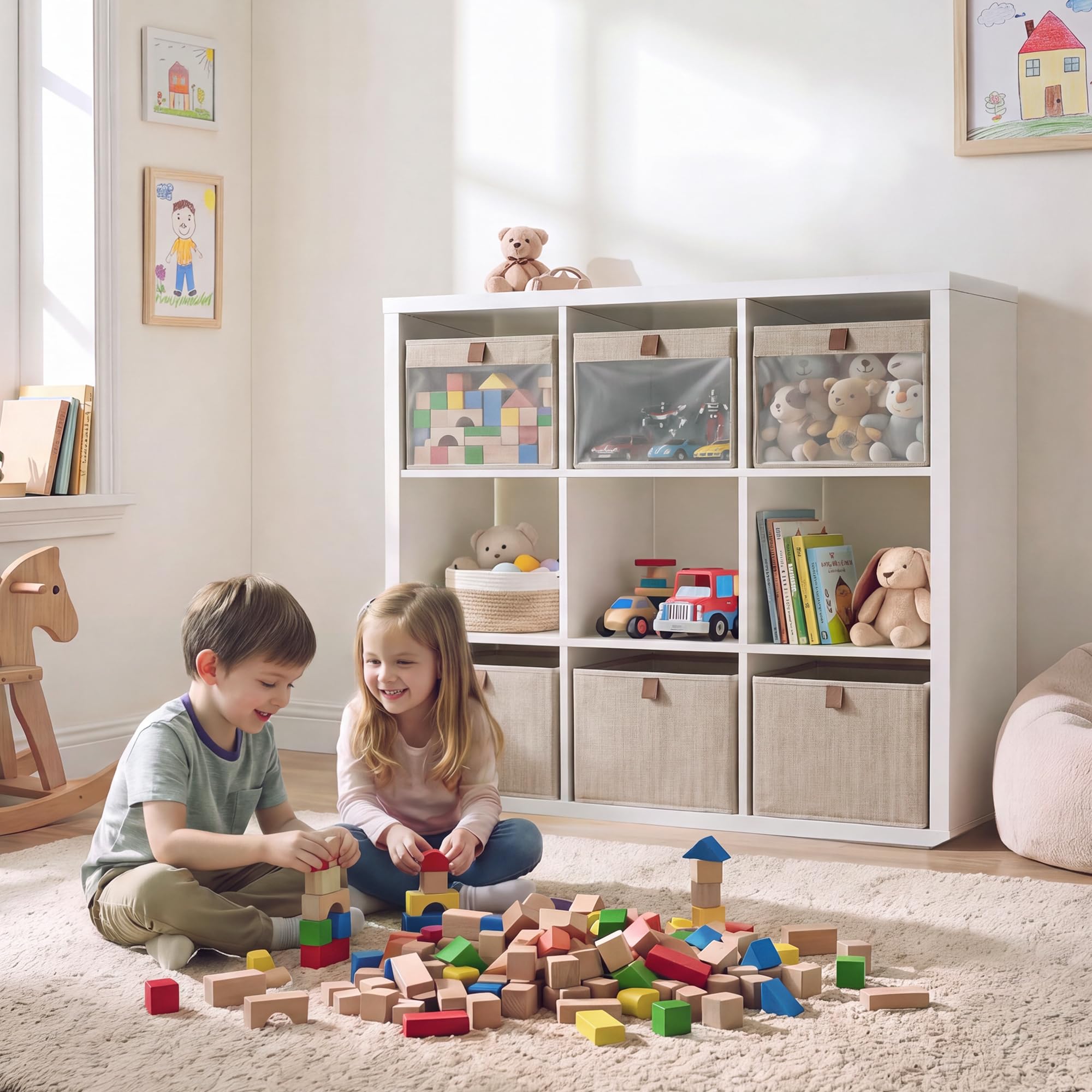StorageWorks Scatola portaoggetti in tessuto per armadi, grandi cesti portaoggetti con finestra e manici, organizer in tessuto per vestiti, cubo pieghevole per scaffali, marrone e beige, confezione da