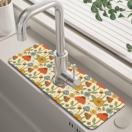 Miniatura 48 de Tapete protector contra salpicaduras para fregadero de cocina floral naranja retro de los años 70, tapete absorbente de secado rápido, tapete de