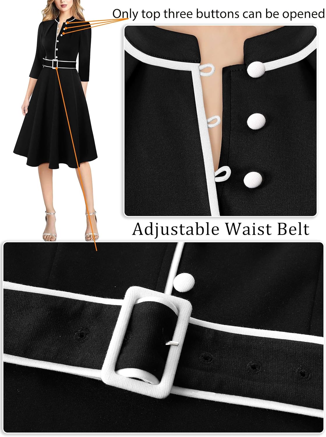 VFSHOW Womens 2024 Business Work Office 3/4 Sleeve Pockets Belted Buttons Elegant Fit and Flare A-Line Dress