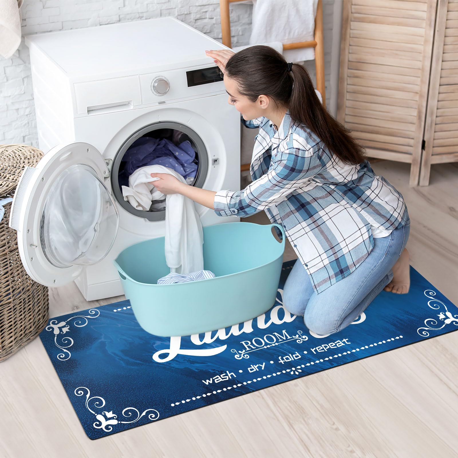 Farmhouse Laundry Room Runner Rug 20x47 Inch – Non-Slip, Waterproof & Washable Floor Mat For Mudroom, Kitchen, Bathroom In Blue