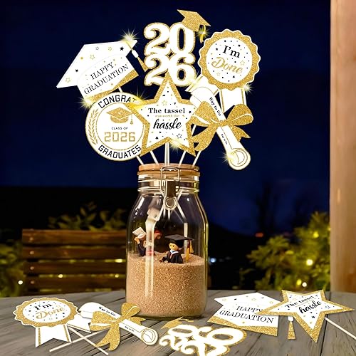 Graduation Decorations for Class of 2026-30pcs Glitter White Gold Graduation Tab