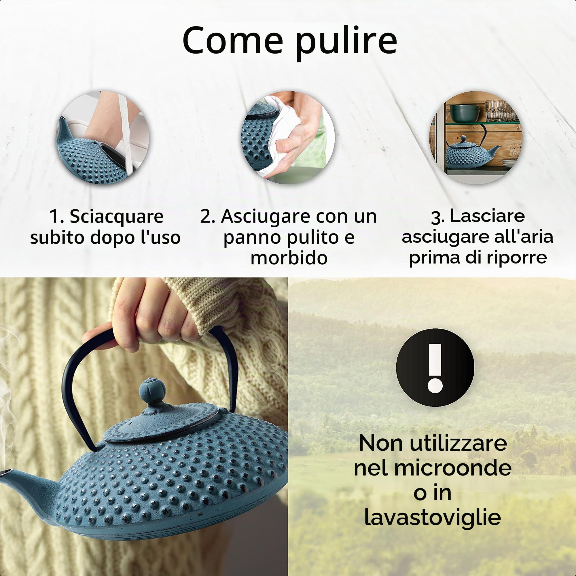 Kambin TEIERA in GHISA Smaltata 1,25 l – Teiera ghisa di Alta qualità con Infusore in Acciaio Inox – Design Originale - per Preparare Ottimo Te – Bollitore in Stile Giapponese - Blu