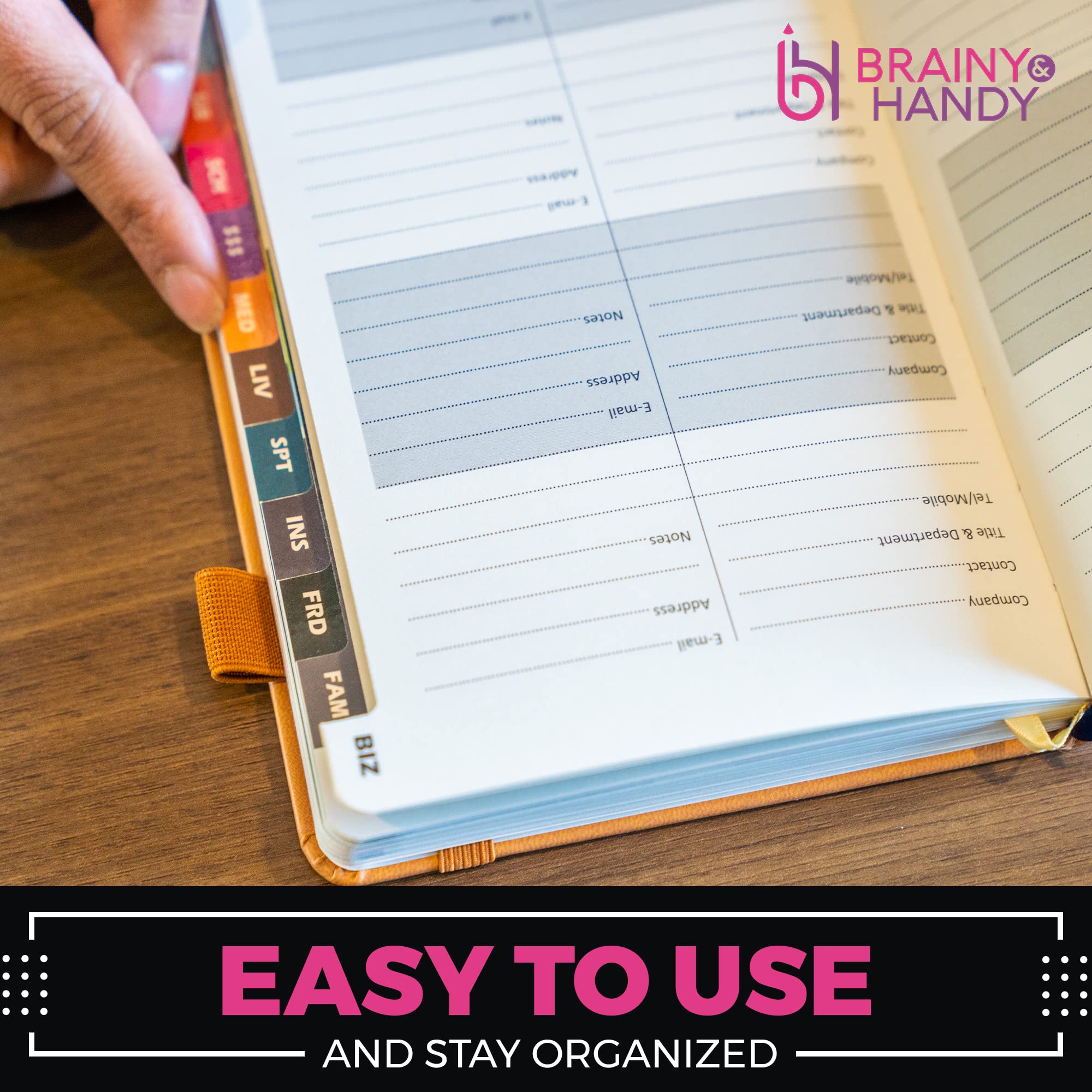 Caderno de informações pessoais com 13 abas de categorias para
