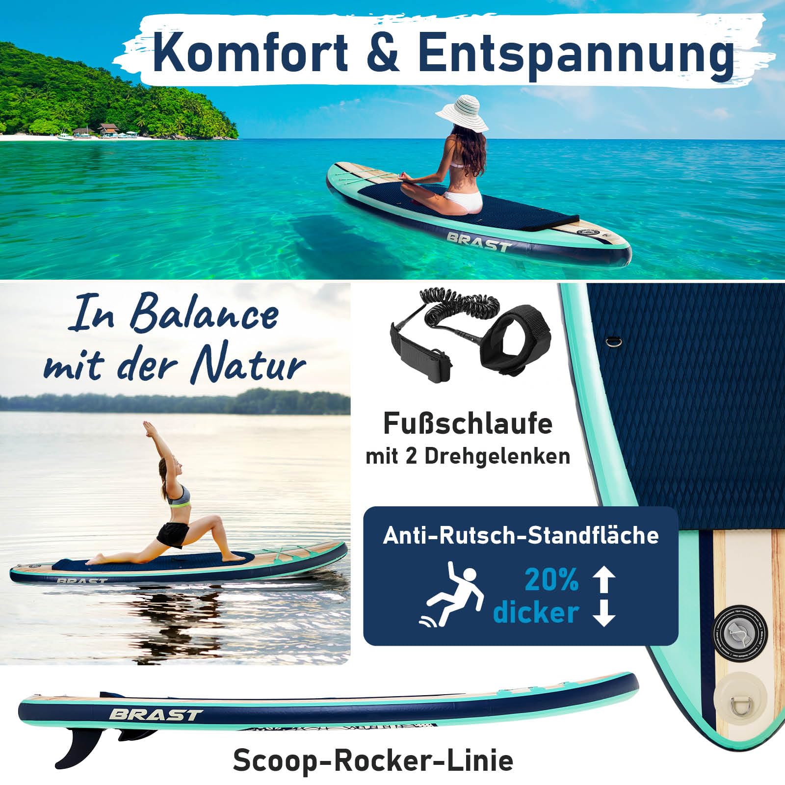 BRAST SUP Board Shark | Aufblasbares Stand up Paddle Set | 320x81x15cm | 8 Designs | 5 Jahre Garantie | inkl. Sonderzubehör | 2in1 Paddel Kajak-Sitz Action-Cam-Halterung Fußschlaufe Pumpe Rucksack