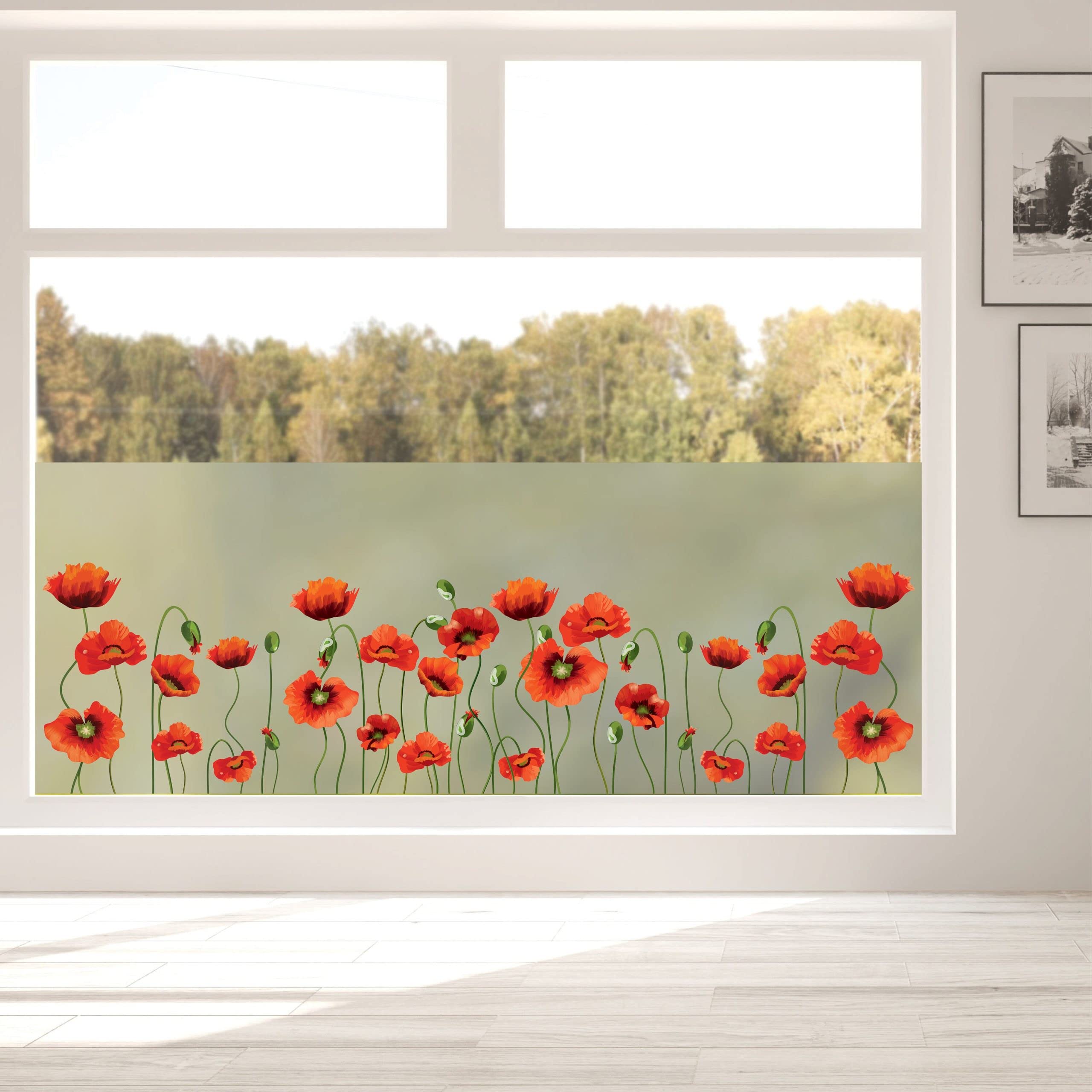Sichtschutzfolie mit Mohnblumen, Fensterfolie Fensterdeko Milchglasfolie, 100 cm hoch, 75 cm breit