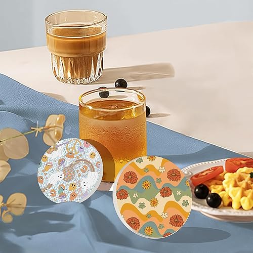 Miniatura 7 de Juego de 6 posavasos de mesa para bebidas, diseño retro de los años 70, redondos, con base de corcho y soporte de metal, gran regalo de cumpleaños