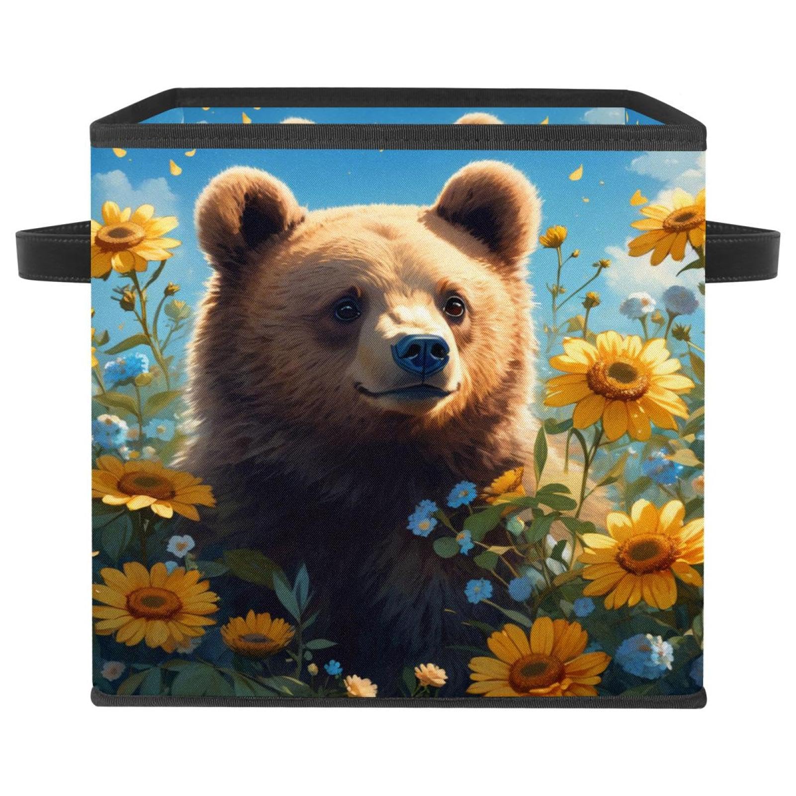 Boîte de rangement pliable ours mignon et fleur pour meuble de grands cubes et étagère