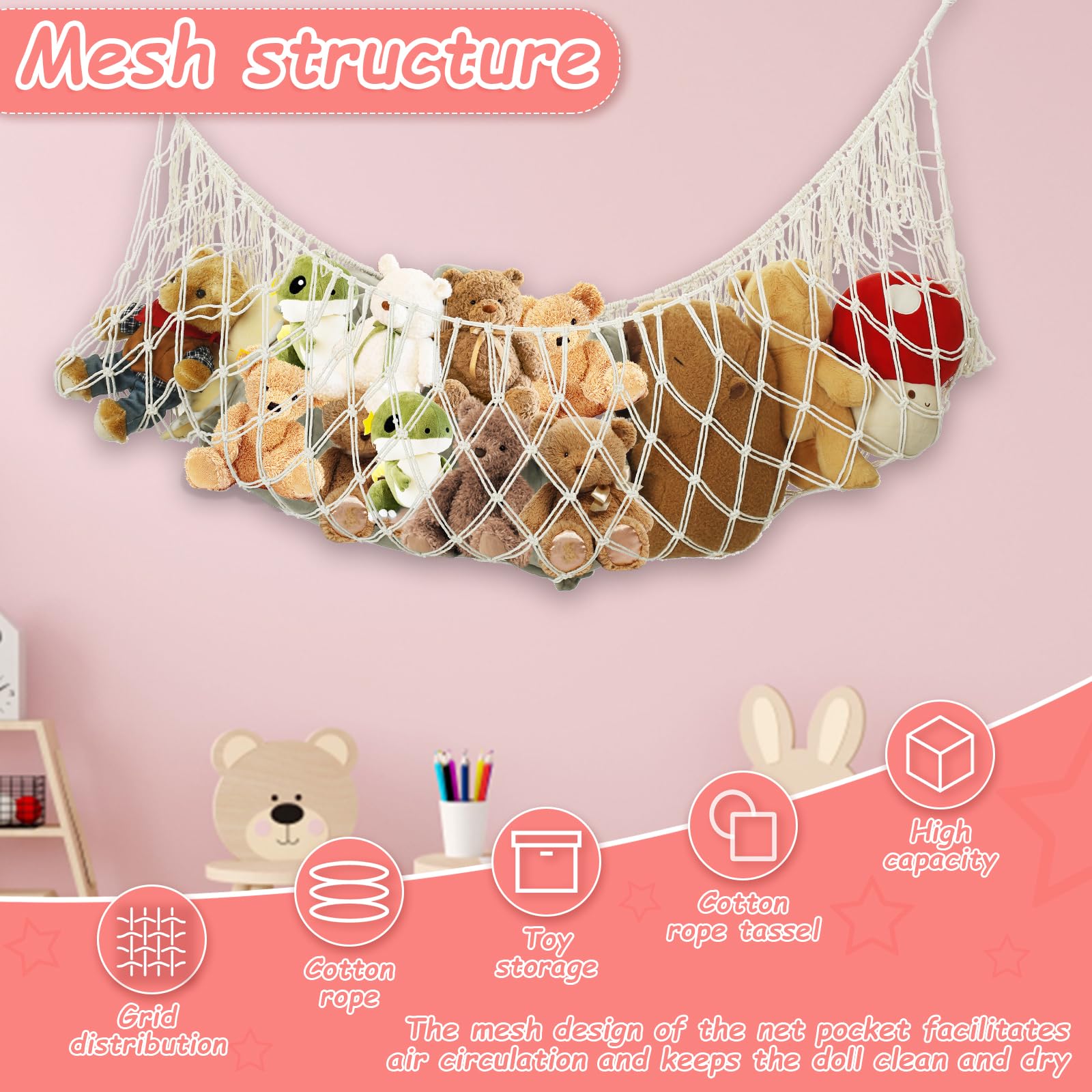 Toy Hammock for Stuffed Animals Storage Extra Large 56'' Long Hammock Tassel Design Soft Toy Net Wall Corner Bed End Hanging Organizer Holder for Kids Room Playroom Nursery (Beige) - Image 3